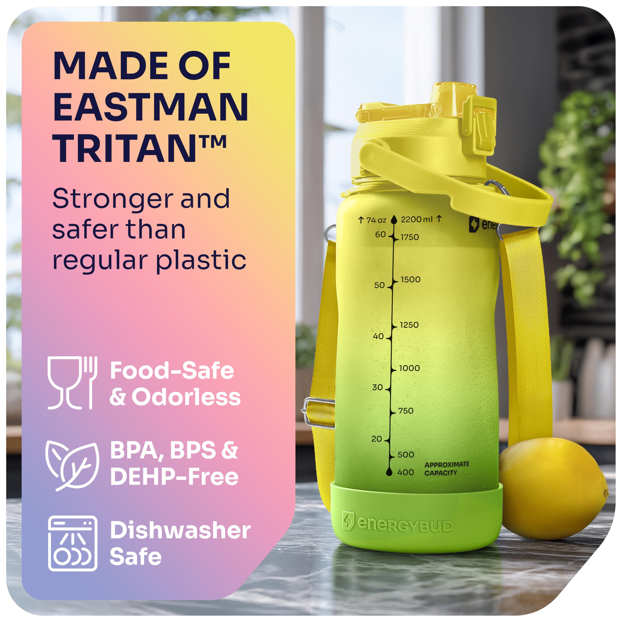 1/2 Gallon Water Bottle with 74.3 oz Capacity - Motivational Time Markers for Daily Hydration Goals - Leakproof BPA Free Tritan with Removable Straw