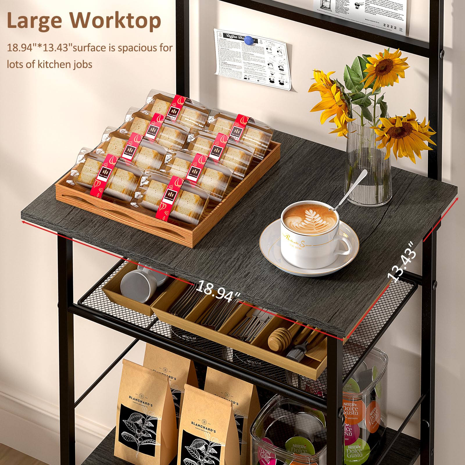 5 Tier Coffee Bar Station, Kitchen Stand with 4 S-Shaped Hooks, Farmhouse Corner Coffee Bar Cabinet for Small Spaces, Bakers Rack for Kitchen, Entryway, Living Room, 13.43"D x 18.93"W x 53.31"H
