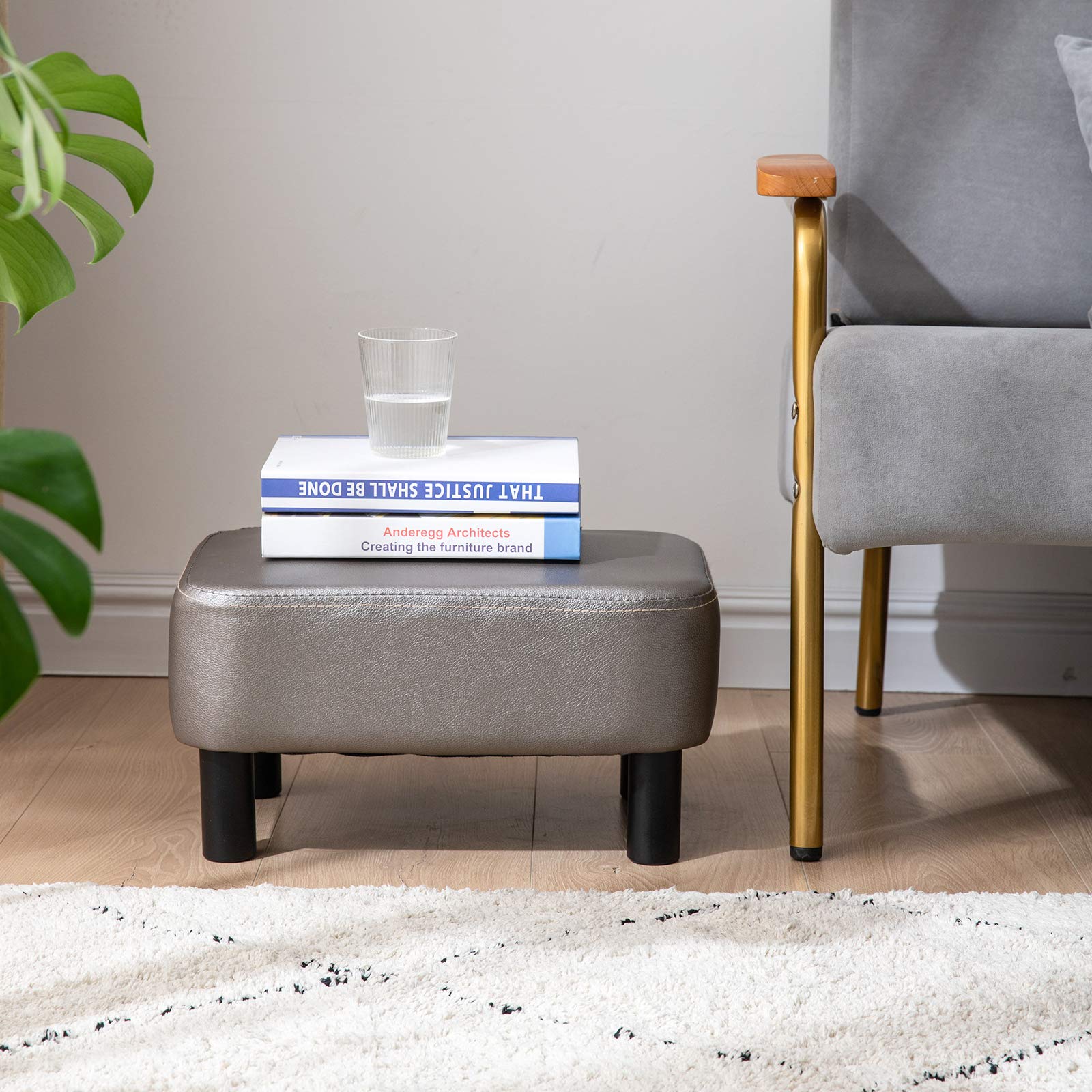 IBUYKE 16.54" Small Footstool, PU Faux Leather Step Stool, with Padded Seat Pine Wood Legs and Padded Rectangular Stool, for Bedroom, Black RF-BD210