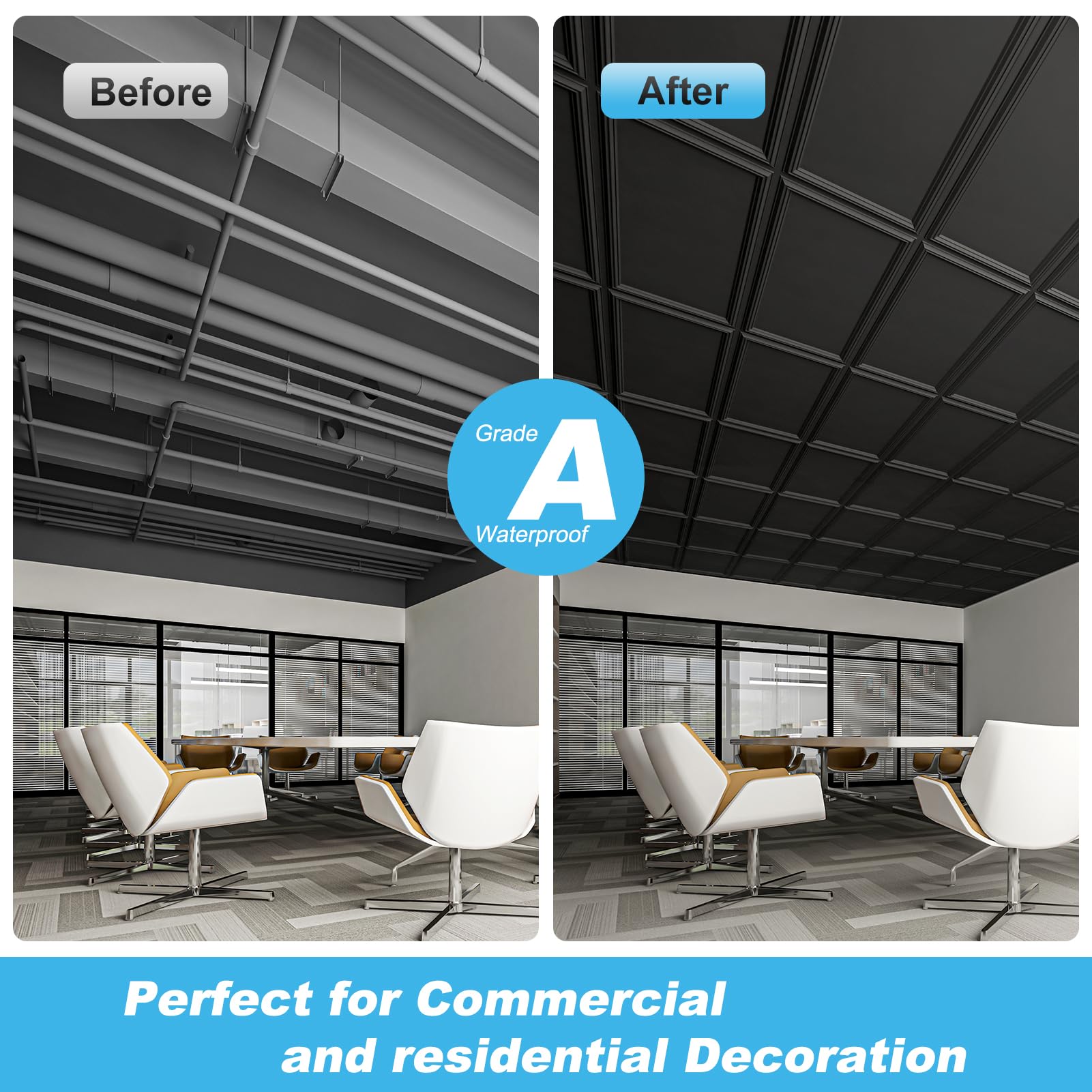 Art3d Drop Ceiling Tiles 24x24in. (12-Pack, 48 Sq.ft), Wainscoting Panels Glue Up 2ft x 2ft for Interior Décor in Living Room, Bedroom & Office, Star Black