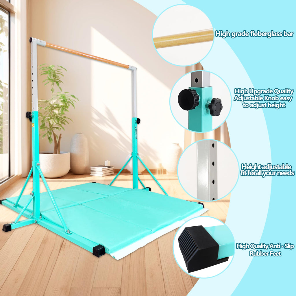 FC FUNCHEER Gymnastics Bar for Kids Ages 3-15, 35" to 60" Adjustable Height, 4FT Wide Base - Professional Kip Bar with 360° Stability & Fiberglass Crossbar, Easy Fold&Solid Design for Home Training
