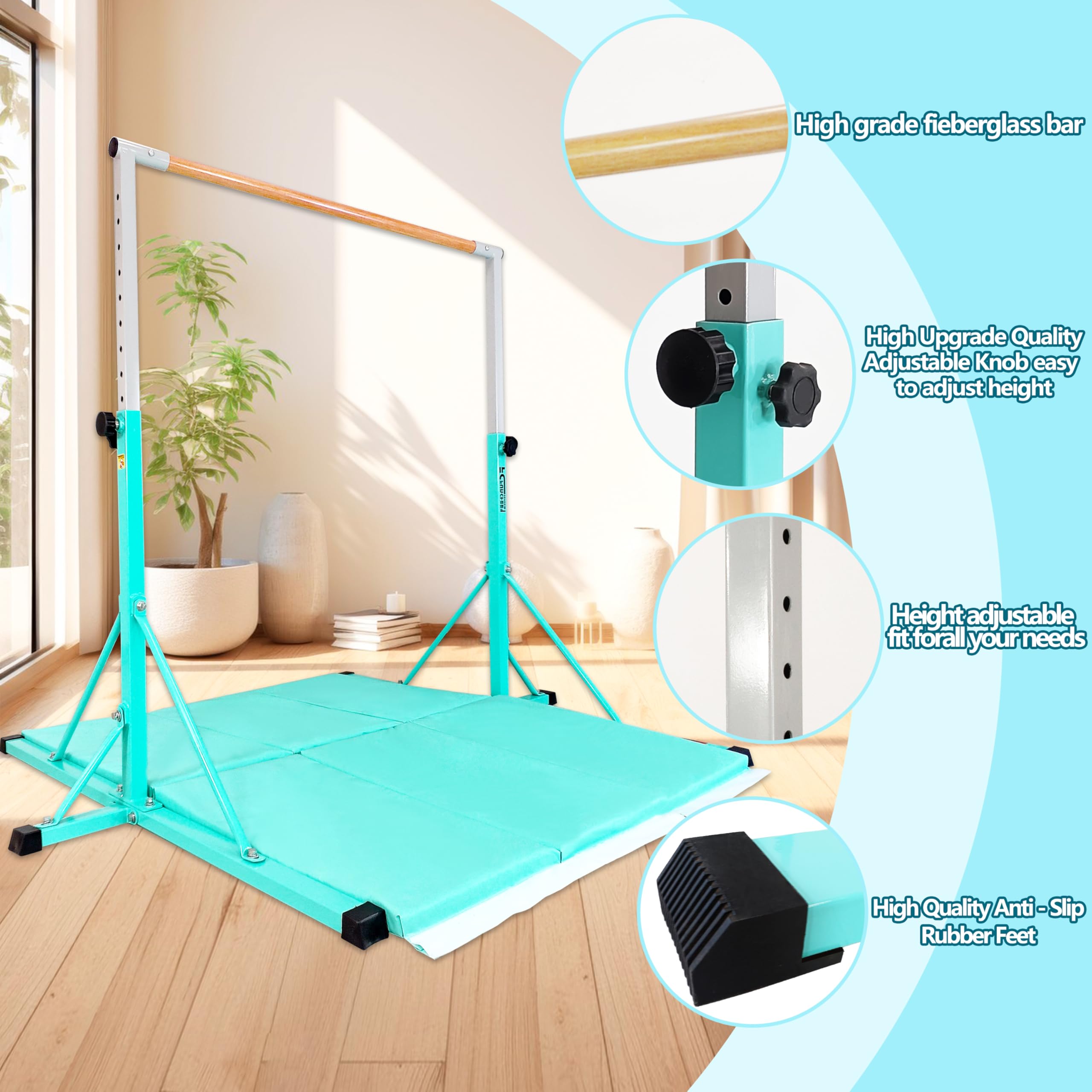 FC FUNCHEER Gymnastics Bar for Kids Ages 3-15, 35" to 60" Adjustable Height, 4FT Wide Base - Professional Kip Bar with 360° Stability & Fiberglass Crossbar, Easy Fold&Solid Design for Home Training