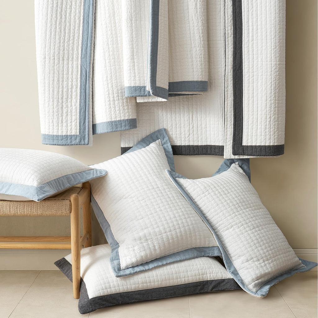 EVERGRACE Cotton Border Frame Tack-Stitch Quilt Bedding Set Queen Size, Coastal Oversized 3 Pieces Lightweight Bedspread Coverlet for All Season, with 2 Matching Shams, Blue Linen