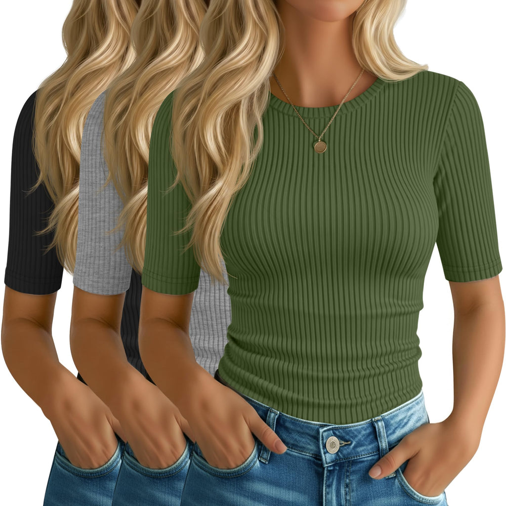 Riyiper 3 Pack Women's Elbow Length Tops, Half Sleeve Ribbed Cotton T Shirt Crew Neck Summer Tee Slim Fit Casual Blouses