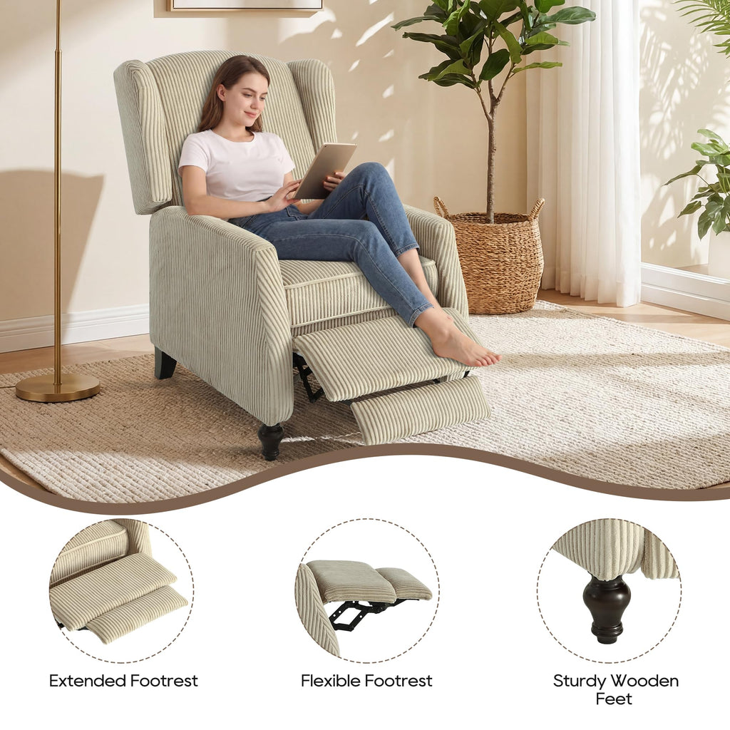 Wingback Chair with Massage and Heat, Tufted Fabric Pushback Recliner Chair, Wingback Recliner Chair with Remote Control, Padded Cushion, Wooden Legs, Small Recliners for Small Spaces