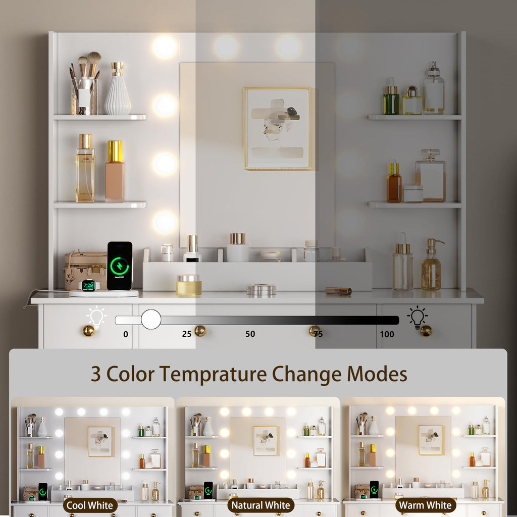 HUANLEGO Vanity Desk with Mirror and Lights, Makeup Vanity with Mirror and LED Lights & Power Outlet, 3 Drawers and Cabinets, 3 Lighting Modes Dressing Table Set for Girls Women Bedroom,Oak