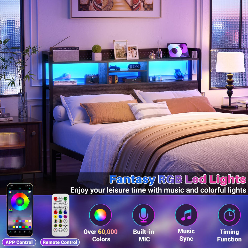 Unikito Headboard for Queen Size Bed with Storage Shelf, Head Board with 3 Outlets and 2 USB Ports, Headboards with RGB LED Light, Height Adjustable, Sturdy and Stable, Easy Assembly, Black