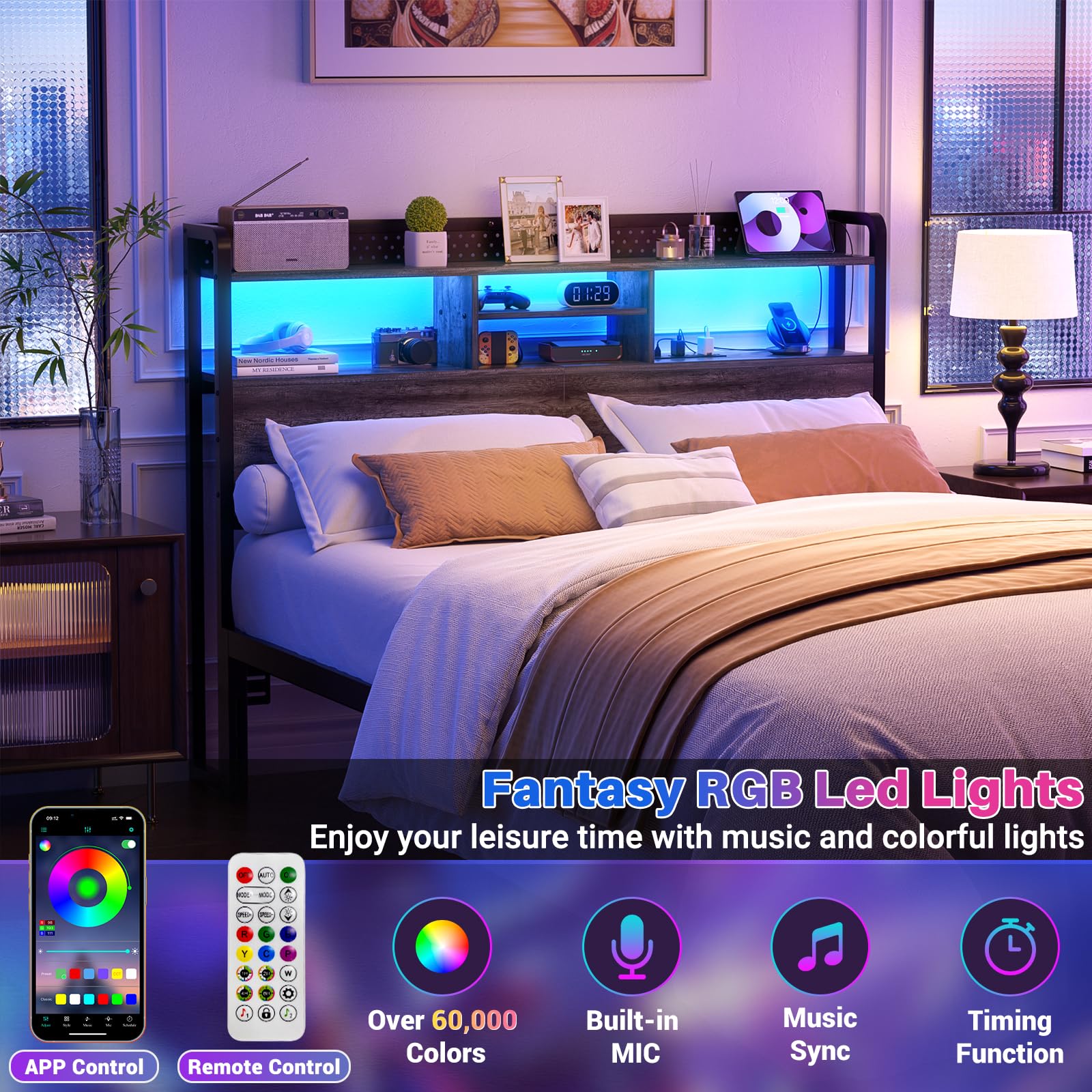 Unikito Headboard for Queen Size Bed with Storage Shelf, Head Board with 3 Outlets and 2 USB Ports, Headboards with RGB LED Light, Height Adjustable, Sturdy and Stable, Easy Assembly, Black