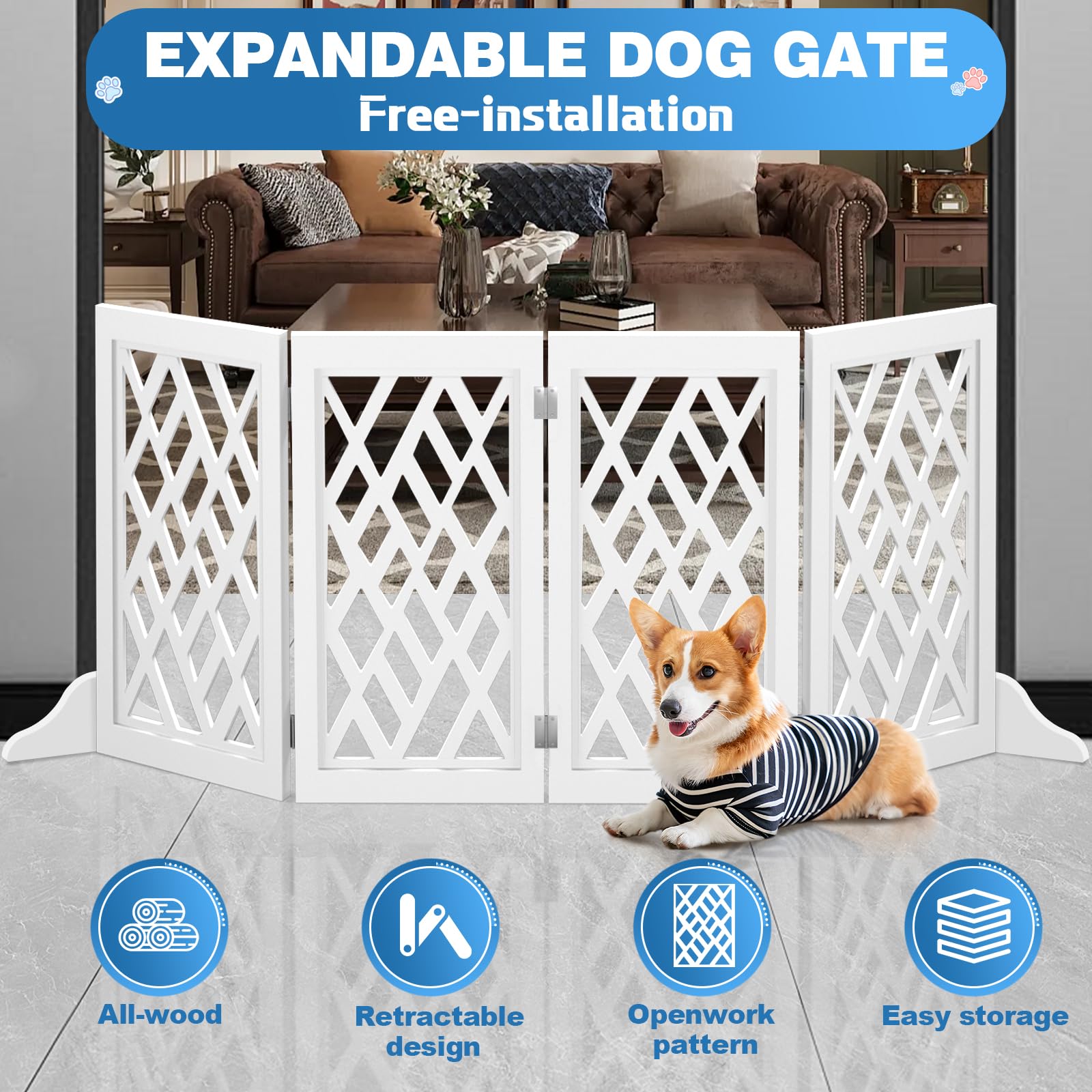 Cut-Out Design 16" Short Dog Gate for Small Dogs, Foldable Retractable Puppy Gate Indoor - Freestanding Lightweight Pet Barrier for Doorways, Stairs, Hallways (Extends to 35", White)