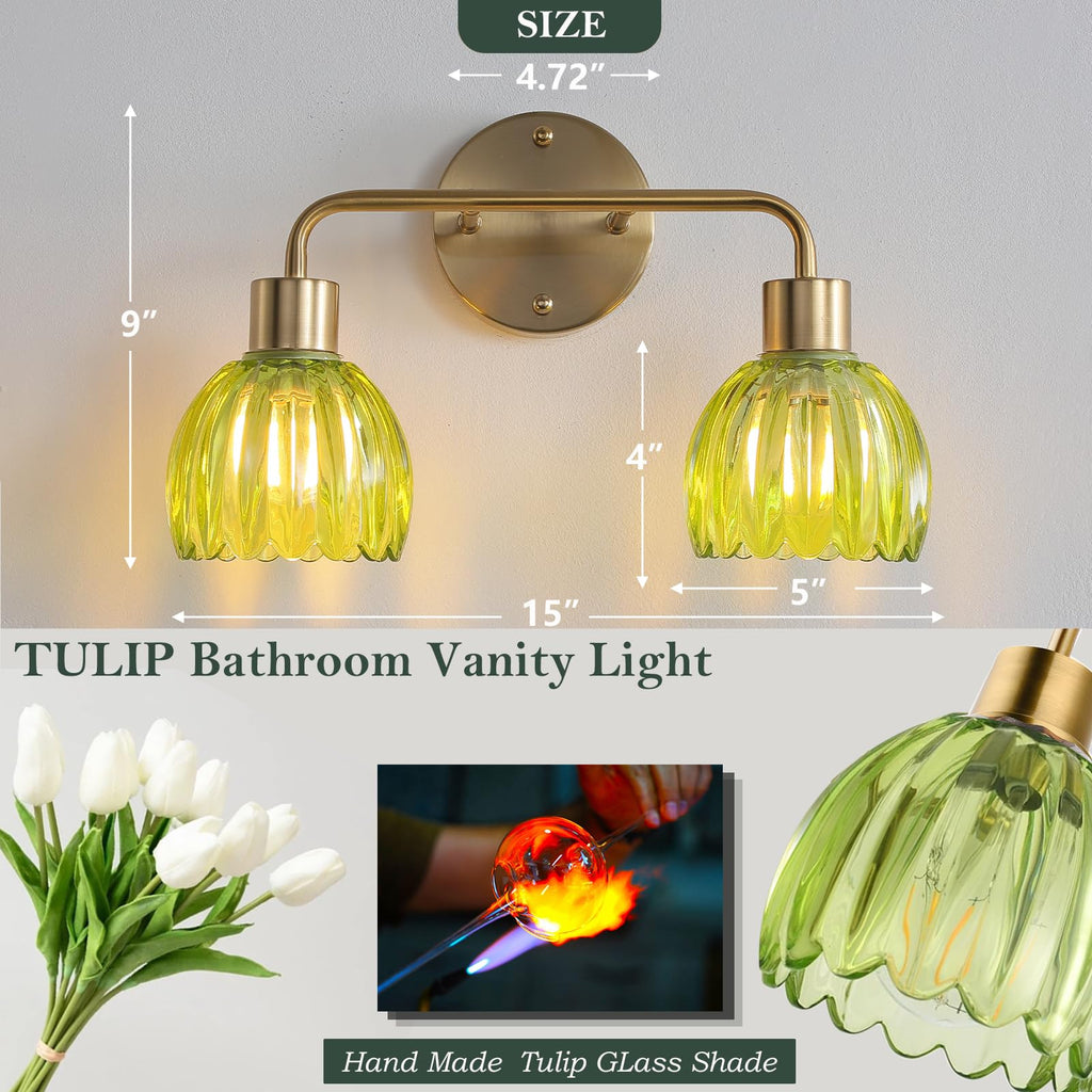 1-Light Gold Brass Bathroom Light Fixture,Wall Sconces set of 2,Brushed Gold Vanlity Light Over Mirror,Bathroom Vanity Light with White Tulip Glass Flower Shade,E26 Socket(Bulbs Not Included)