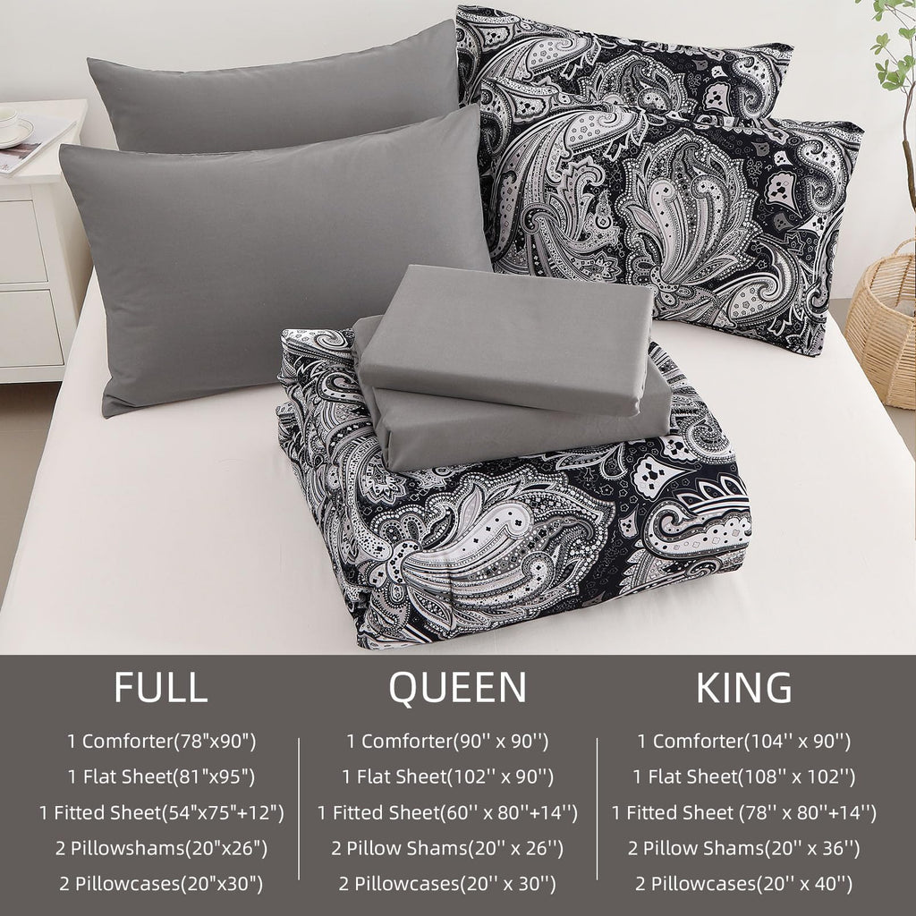 DJY Black Paisley Comforter Set Full Size 7 Piece Bed in a Bag Black and Grey Boho Paisley Pattern Comforter Set Soft Lightweight Microfiber Reversible Bedding Set for All Season
