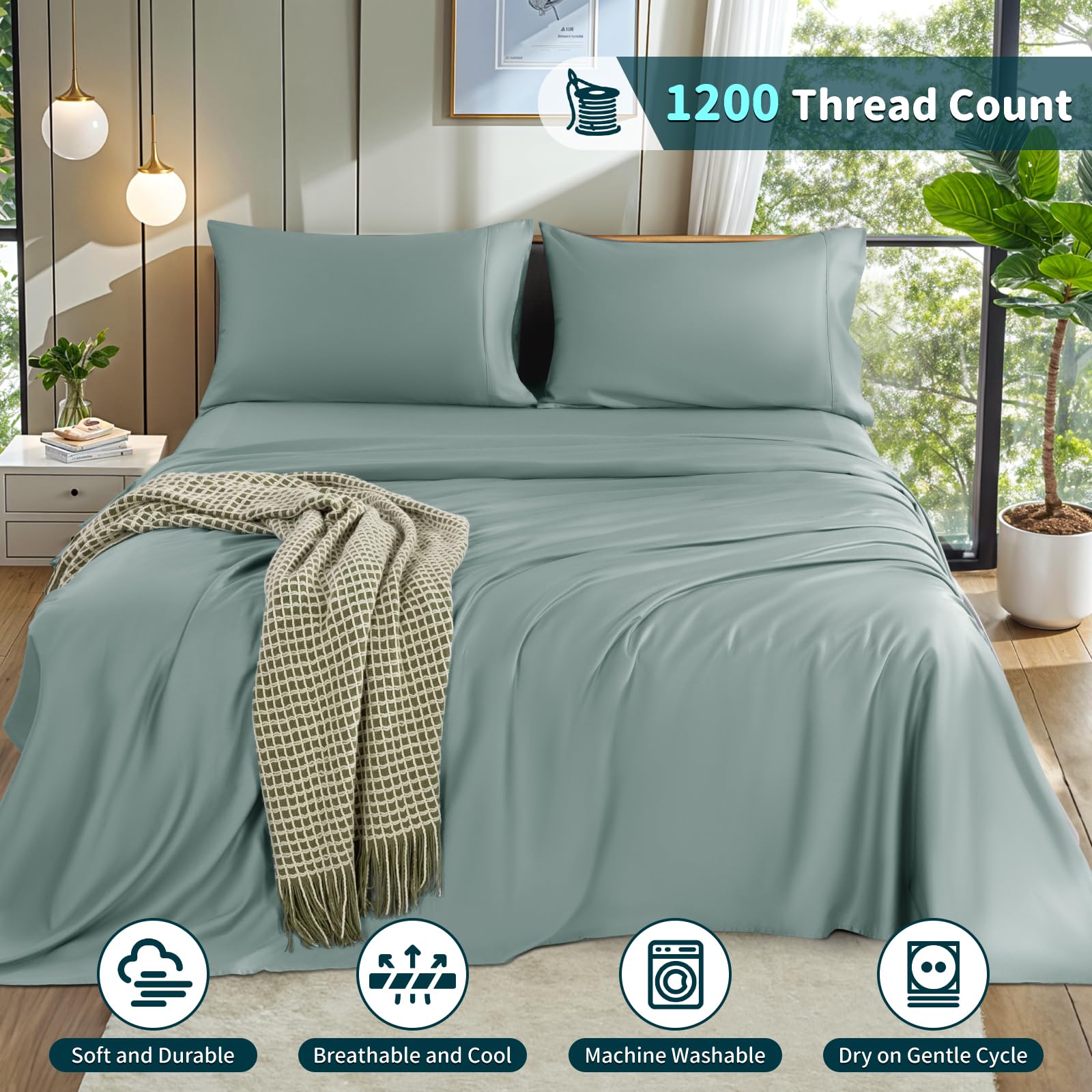 LBRO2M 100% Cotton 1200 Thread Count Full Size Sheets Set,16 inches Deep Pocket,Bed Sheet 4 Piece Sets (Black, Full)
