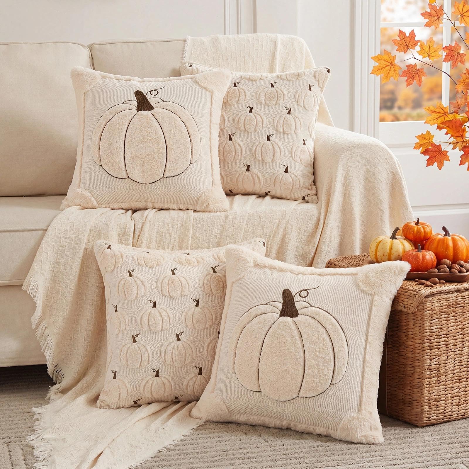 Fall Beige Pillow Covers 18x18 Set of 2 Double-Sided Pumpkin Plush | Boho farmhouse comfort with raised Autumn pumpkin embroidery, designed for living rooms, sofas, and cozy fall home decor.