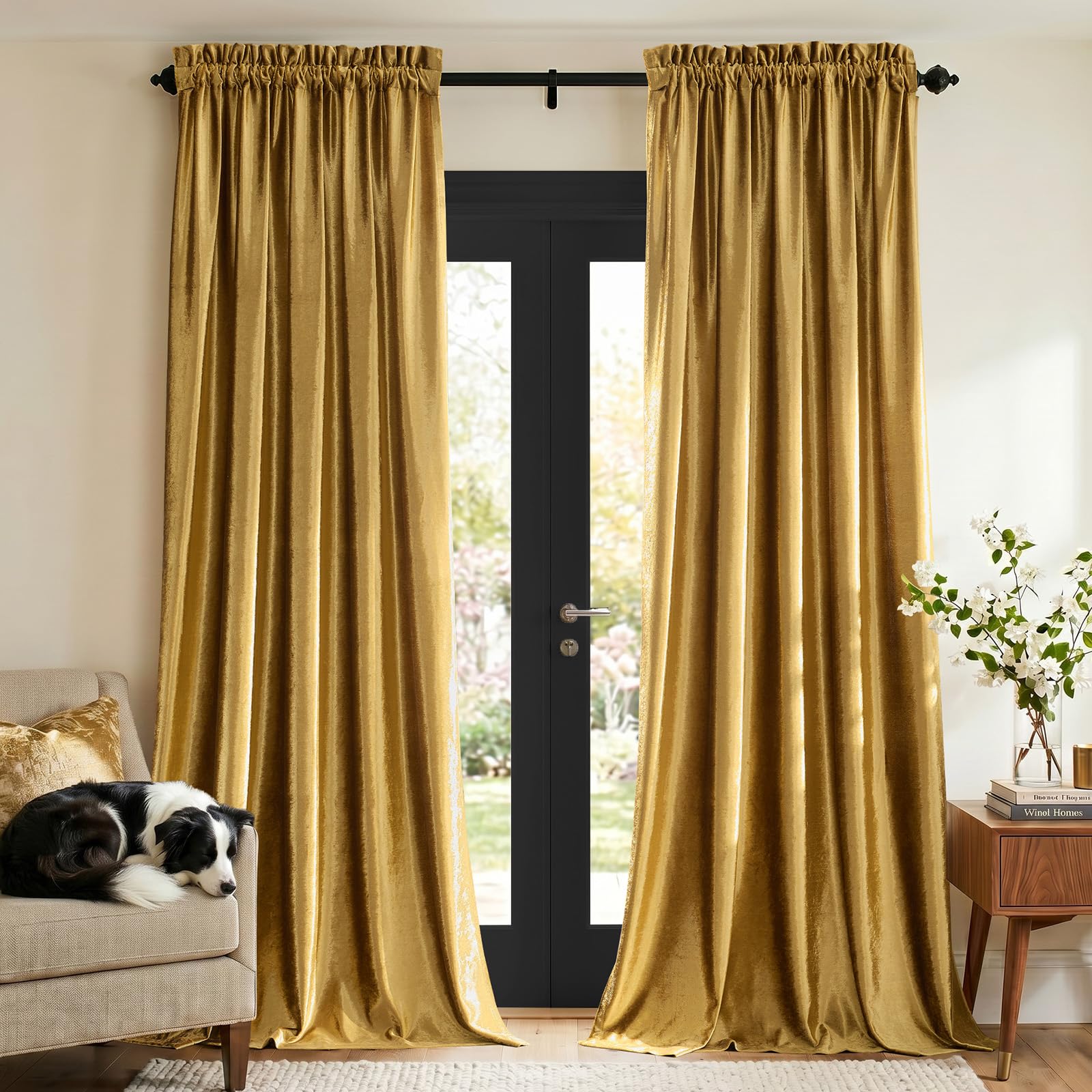 Champagne Beige Velvet Curtains 63 inches for Living Room Luxury Room Darkening Curtain Elegant Bedroom Thermal Insulated Modern Heavy Thick Soft Soundproof Rod Pocket Window Drapes Set of 2 Panels