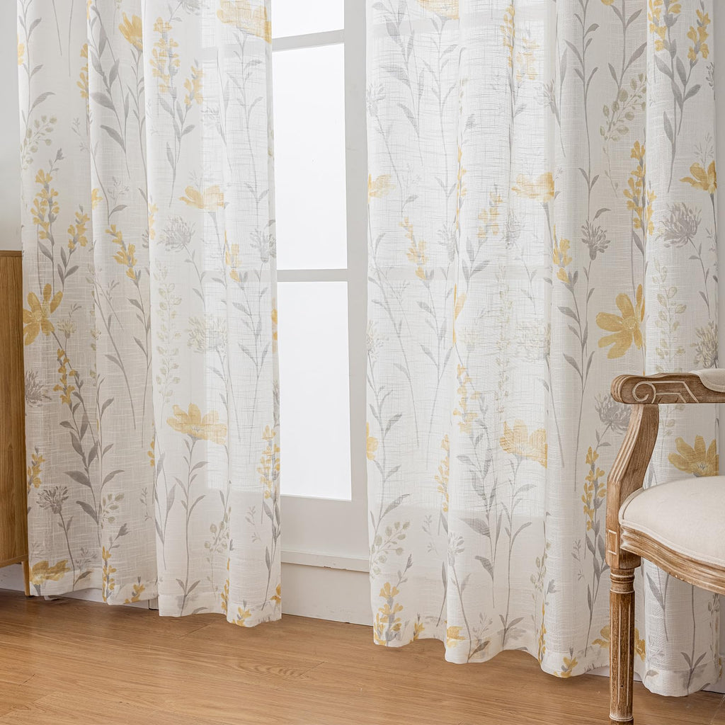 SUOUO Blue Leaf Semi Sheer White Curtains for Bedroom Dining Living Room Linen Textured 84 inches Long Rod Pocket Boho Window Drapes 2 Panels
