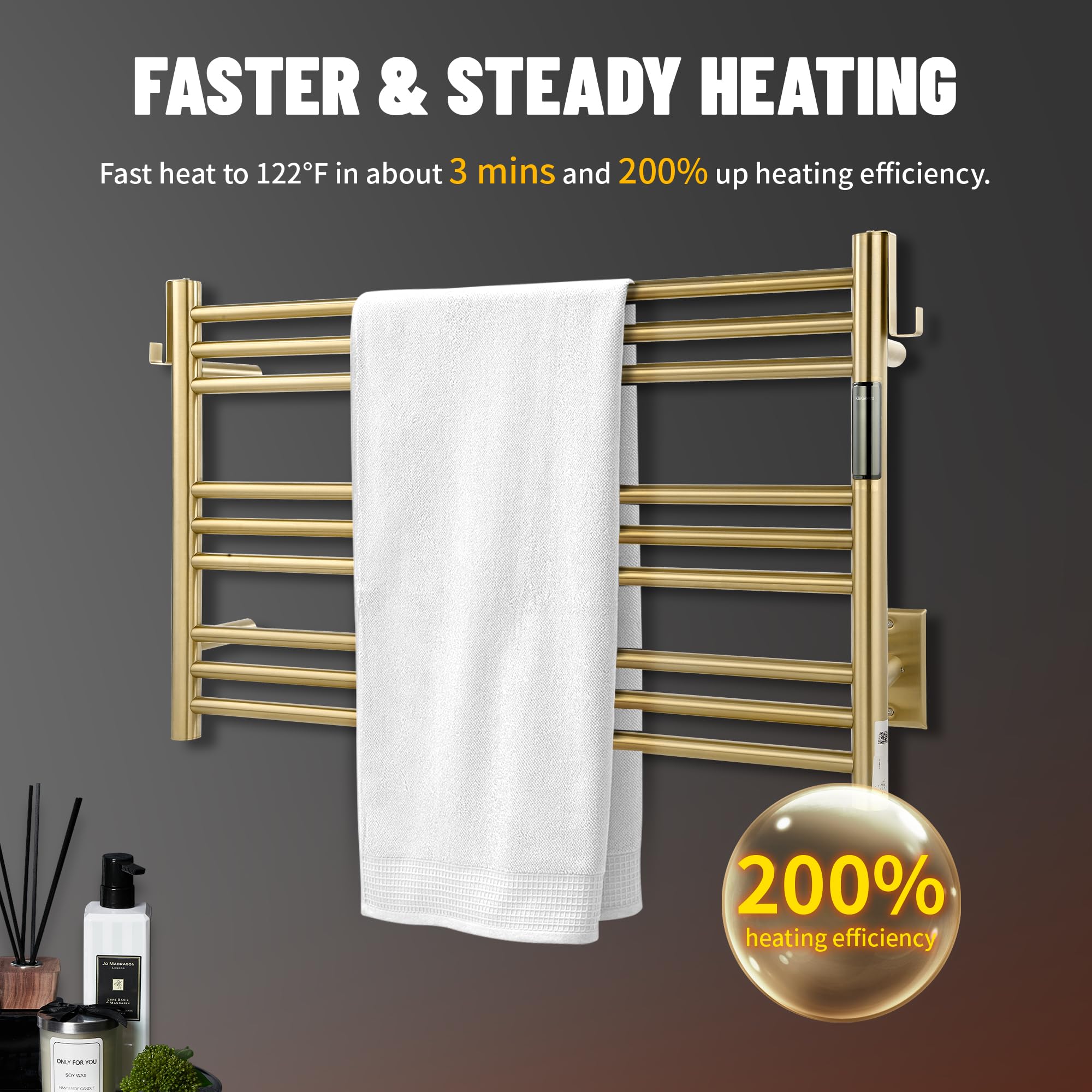 K&KALONZO Wall-Mounted 9-Bar Heated Towel Rack, Fast Heat in 2 Min, NTC Safety | 4 Timers & 3 Heat Levels Control, Plug-In/Hardwired, Top Hooks, Memory Function, Anti-Scald, Stainless Steel, EL13ML