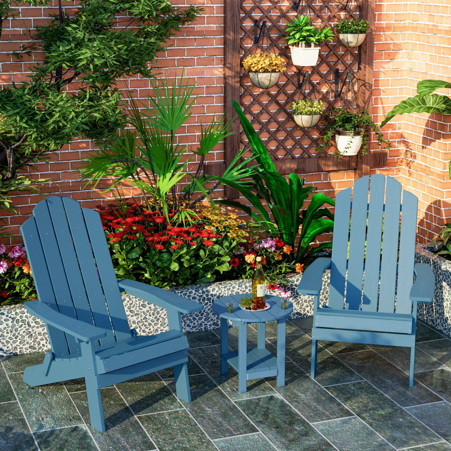 MXIMU Round Outdoor Side Table Adirondack Tables 18 Inch Chairside End Tables with Storage Shelf, 2-Tier Plastic Patio Side Table for Balcony Backyard Lawn (Black, 1 Pack)