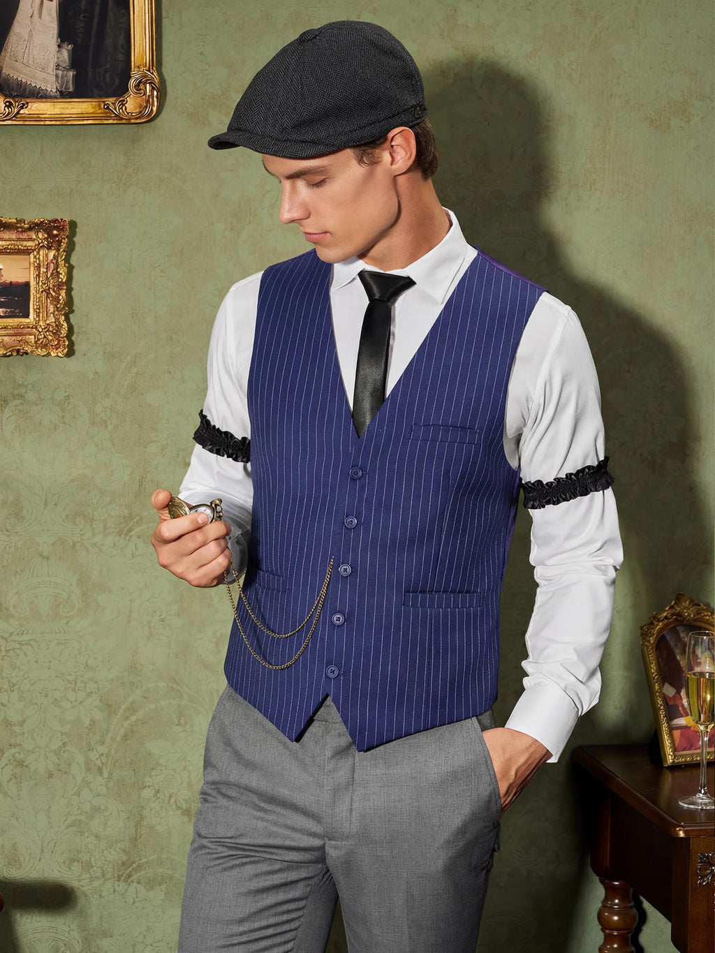 YESSA 1920s Mens Costume,Roaring 20s Costumes for Men,Gatsby Costume Men,1920s Mens Outfit Hat Vest Pocket Watch Tie