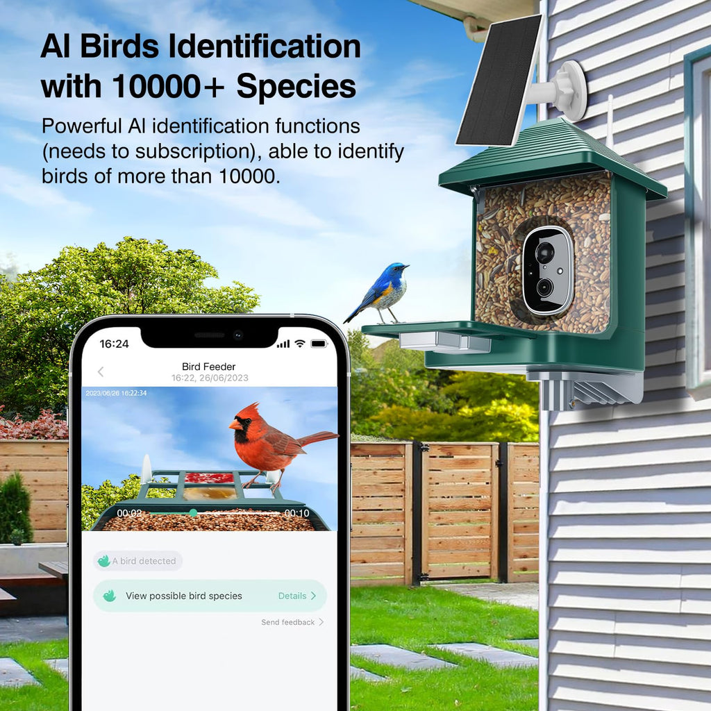 Smart Bird Feeder with Camera,AI Identify Species,Bird House with Solar Powered,Instant Arrival Alerts,2K Capture Video,Live View for Lover (Blackish Green)