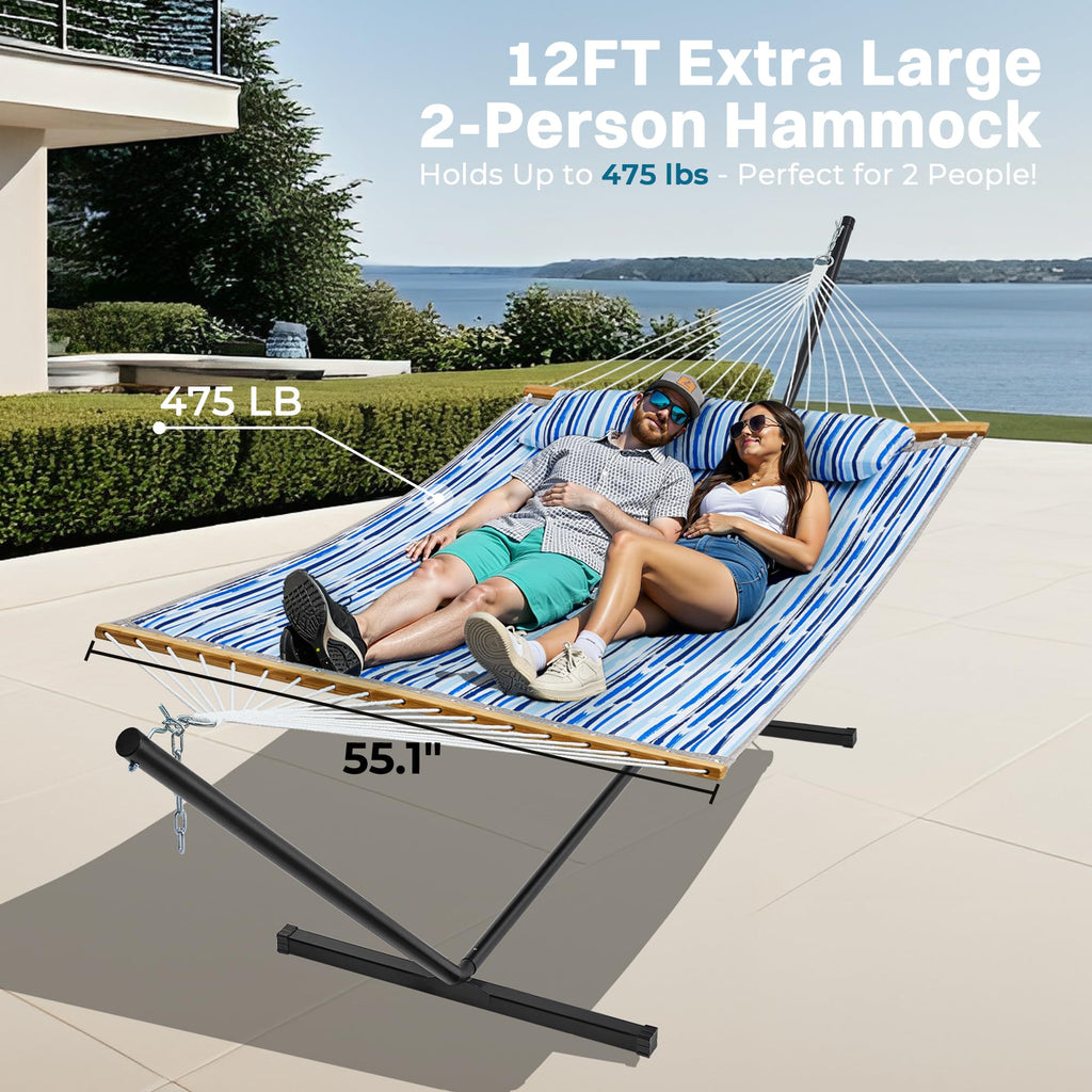 SUPERJARE Hammock with Stand, 2 Person Quilted Outdoor Hammock, Detachable Pillow & Bamboo Spreaders, Portable Hammock with Carrying Bag, Heavy Duty Stand, Perfect for Outside, Patio, Aqua Blue