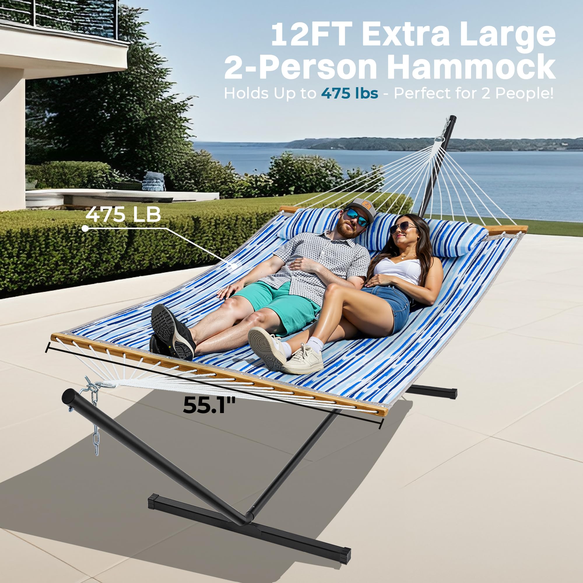 SUPERJARE Hammock with Stand, 2 Person Quilted Outdoor Hammock, Detachable Pillow & Bamboo Spreaders, Portable Hammock with Carrying Bag, Heavy Duty Stand, Perfect for Outside, Patio, Aqua Blue