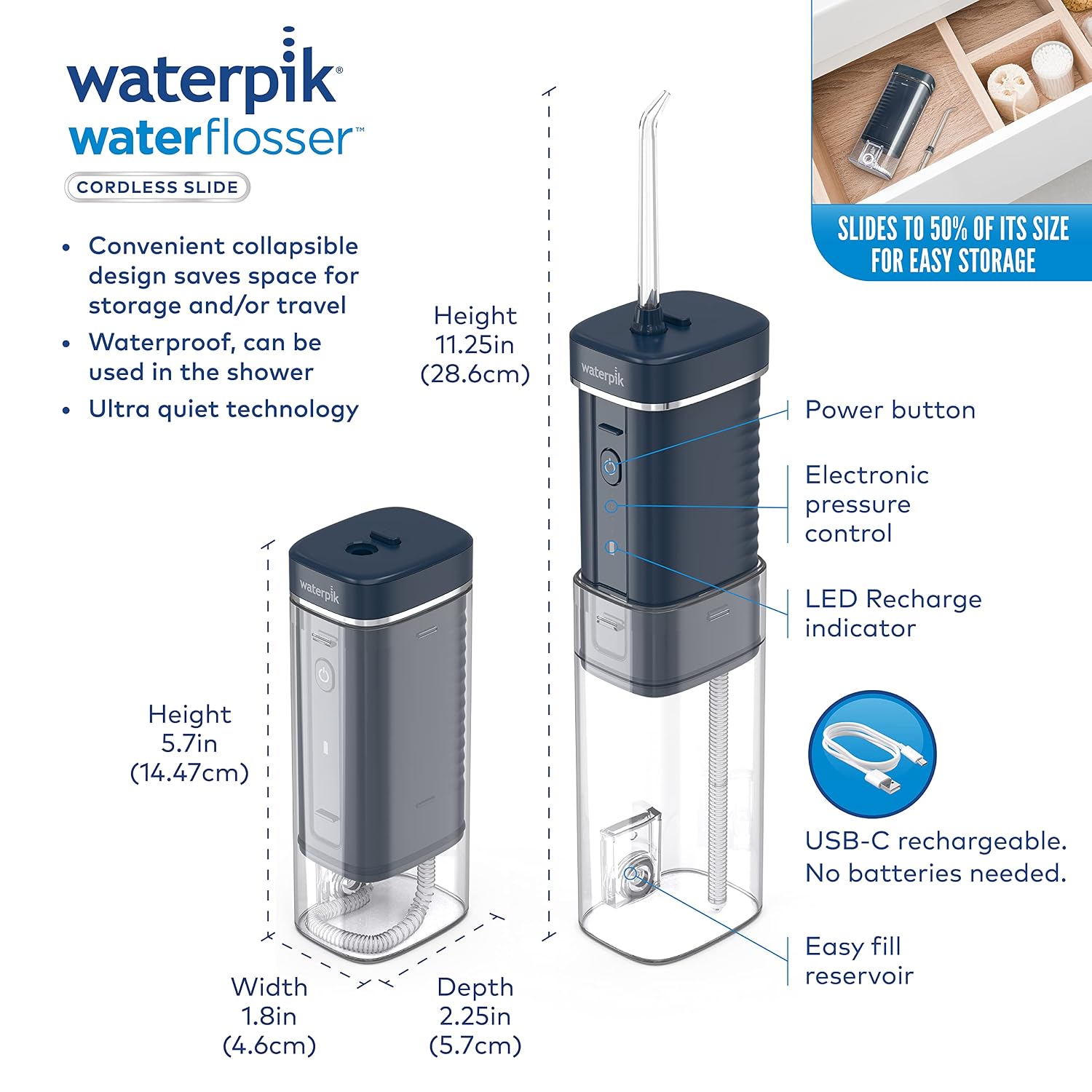 Waterpik Cordless Slide Professional Water Flosser, Portable Collapsible for Travel and Storage, with Travel Bag and 4 Tips, ADA Accepted, Rechargeable and Waterproof, Midnight Blue WF-17CD013-4