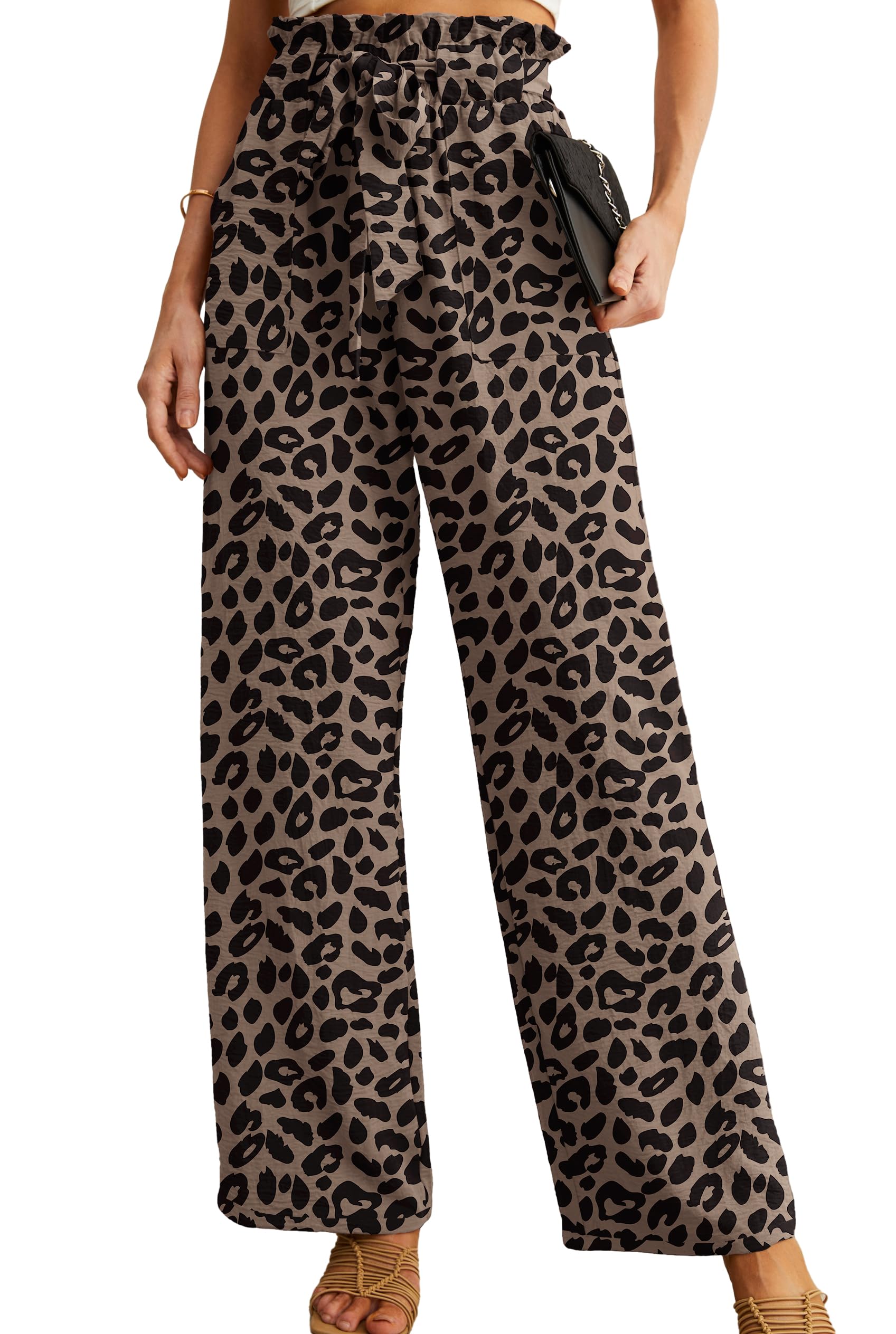 IWOLLENCE Women High Waist Palazzo Pants, Adjustable Knot Ankle Wide Leg Trousers Pockets Beach Vacation Lounge Office