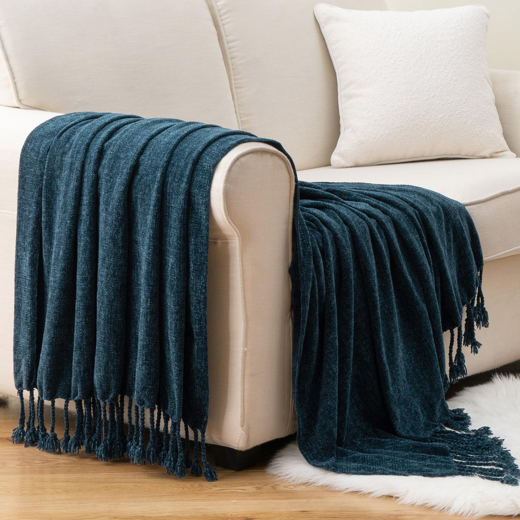 BATTILO HOME Beige Chenille Throw Blanket for Couch, Soft Cozy Textured Knit Throw Blanket with Handmade Fringe Tassels, Lightweight Decorative Farmhouse Blanket for Sofa Bed Chair, 50"x60"