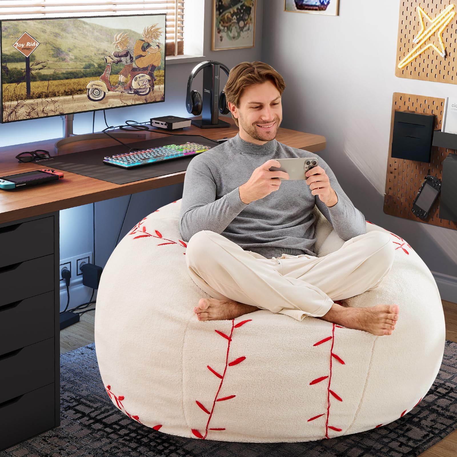 Sports Baseball Bean Bag Chair - Luxurious Bean Bag Chairs for Kids Teens Adults - Floor Sofa Couch with Filler - Plush BeanBag Furniture for Living Room Bedroom College Dorm - 32 Inch
