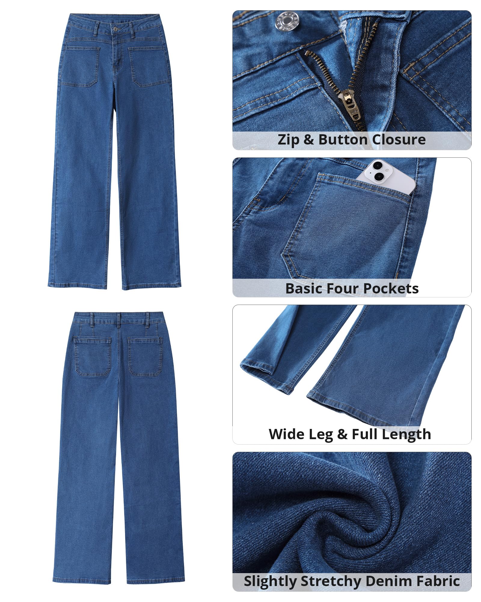 GRAPENT Wide Leg Jeans for Women Trendy High Waisted Loose Straight Leg Stretchy Retro Denim Pants with Pouch Pockets