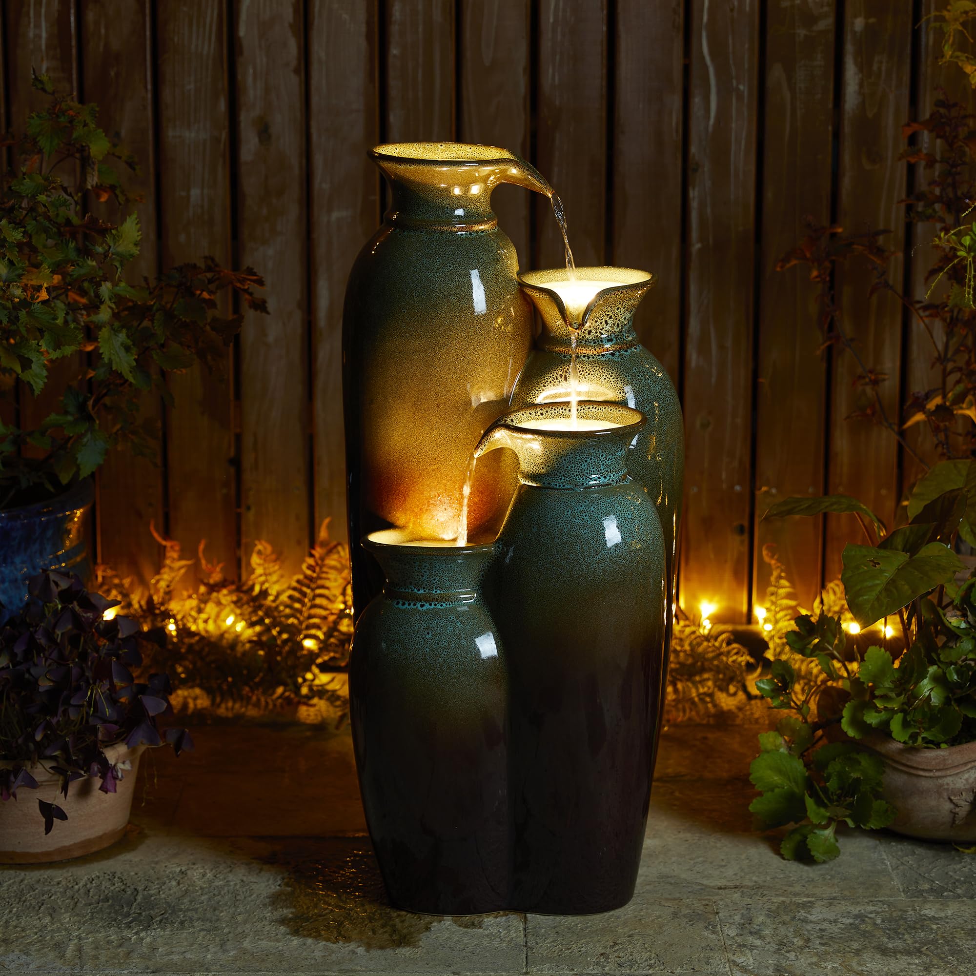 Glitzhome 27.25" H Outdoor Garden Water Fountain with LED Lights and Pump, 4 Tier Cobalt Blue Embossed Pattern Ceramic Pots Cascading Floor Standing Fountain for Porch Deck Patio Backyard Decoration