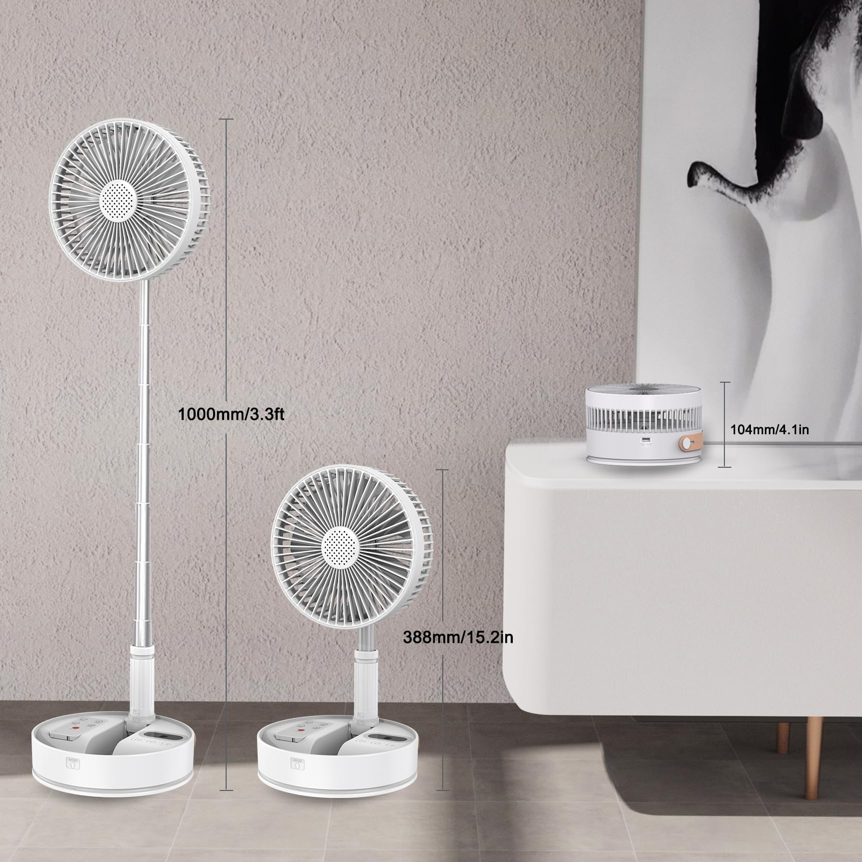 UN UNITEDTIME Portable Fan Foldable Rechargeable [Remote Control ] Battery Operated Foldaway Standing Pedestal Collapsible Fan, 4 Speed, Timer for Camping Travel, Bedroom (Black)