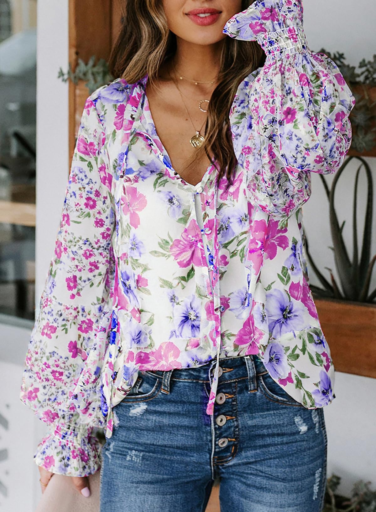 Biucly Women's Casual Boho Floral Print V Neck Long Sleeve Drawstring Tops Loose Blouses Button Down Shirts