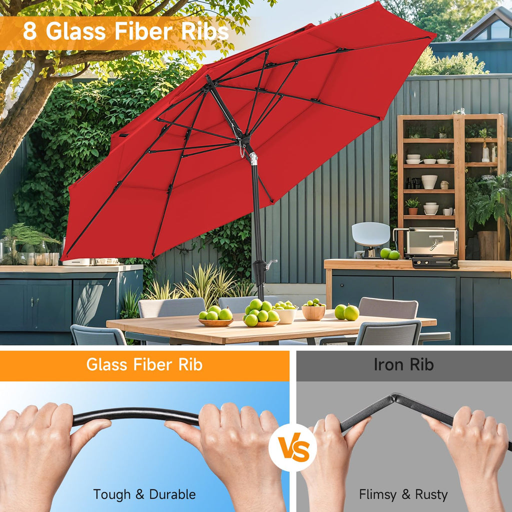 ONBRILL 10 FT Patio Umbrella, 3 Tier Outdoor Table Umbrella with 8 Sturdy Glass Fiber Ribs and Push Button Tilt, Outdoor Patio Umbrellas for Market Pool Garden Backyard, 1.5" Pole, Blue (No Base)