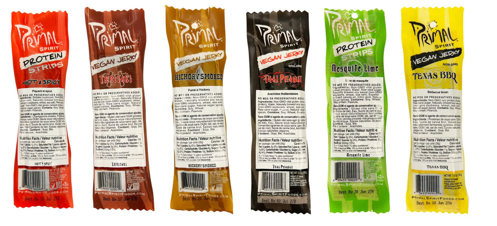 Primal Spirit Vegan Jerky - Our Sampler Pack, 10g. Plant Based Protein, Certified Non-GMO ("The Classics" Thai Peanut, Mesquite Lime, Teriyaki, Hot & Spicy, Hickory Smoked, & Texas BBQ, 12-Pack, 1 oz)
