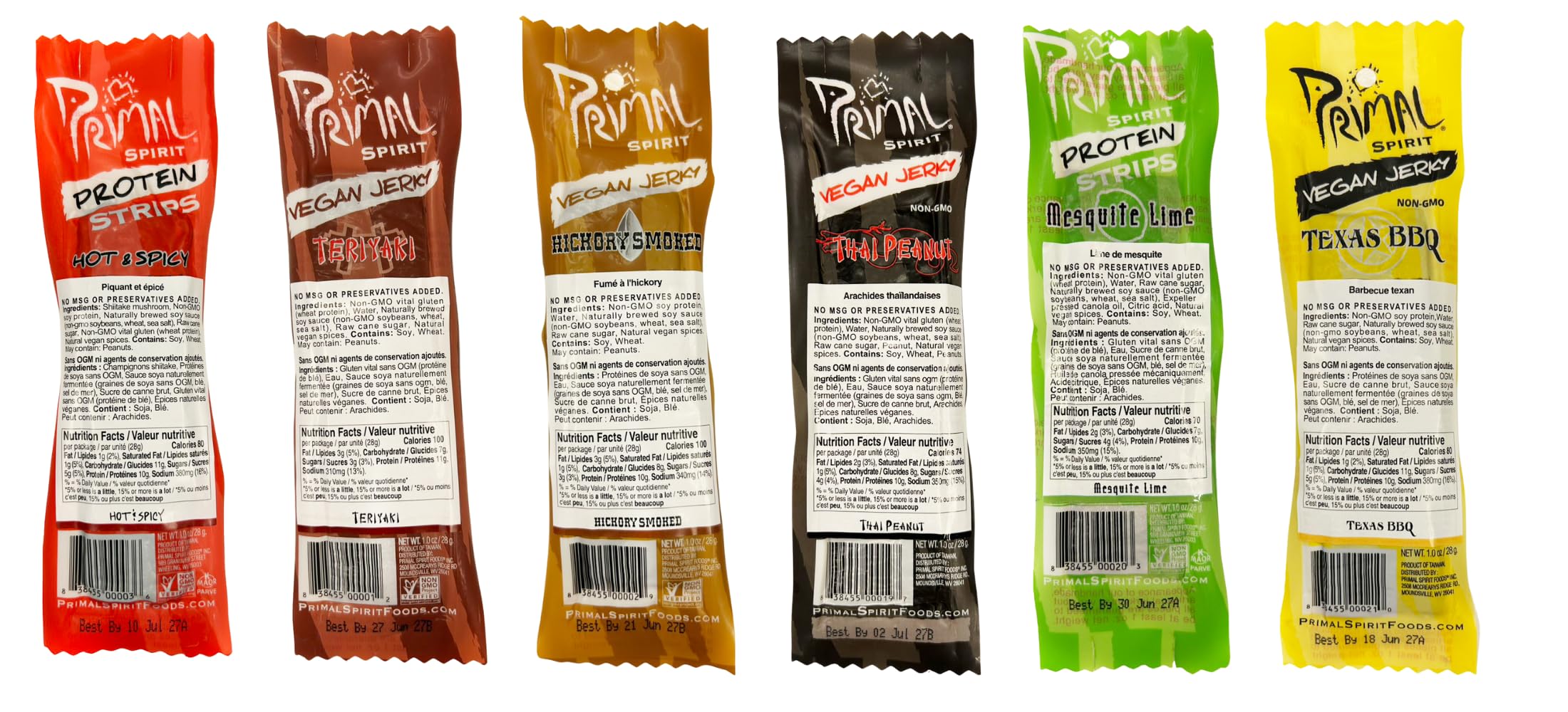 Primal Spirit Vegan Jerky - Our Sampler Pack, 10g. Plant Based Protein, Certified Non-GMO ("The Classics" Thai Peanut, Mesquite Lime, Teriyaki, Hot & Spicy, Hickory Smoked, & Texas BBQ, 12-Pack, 1 oz)