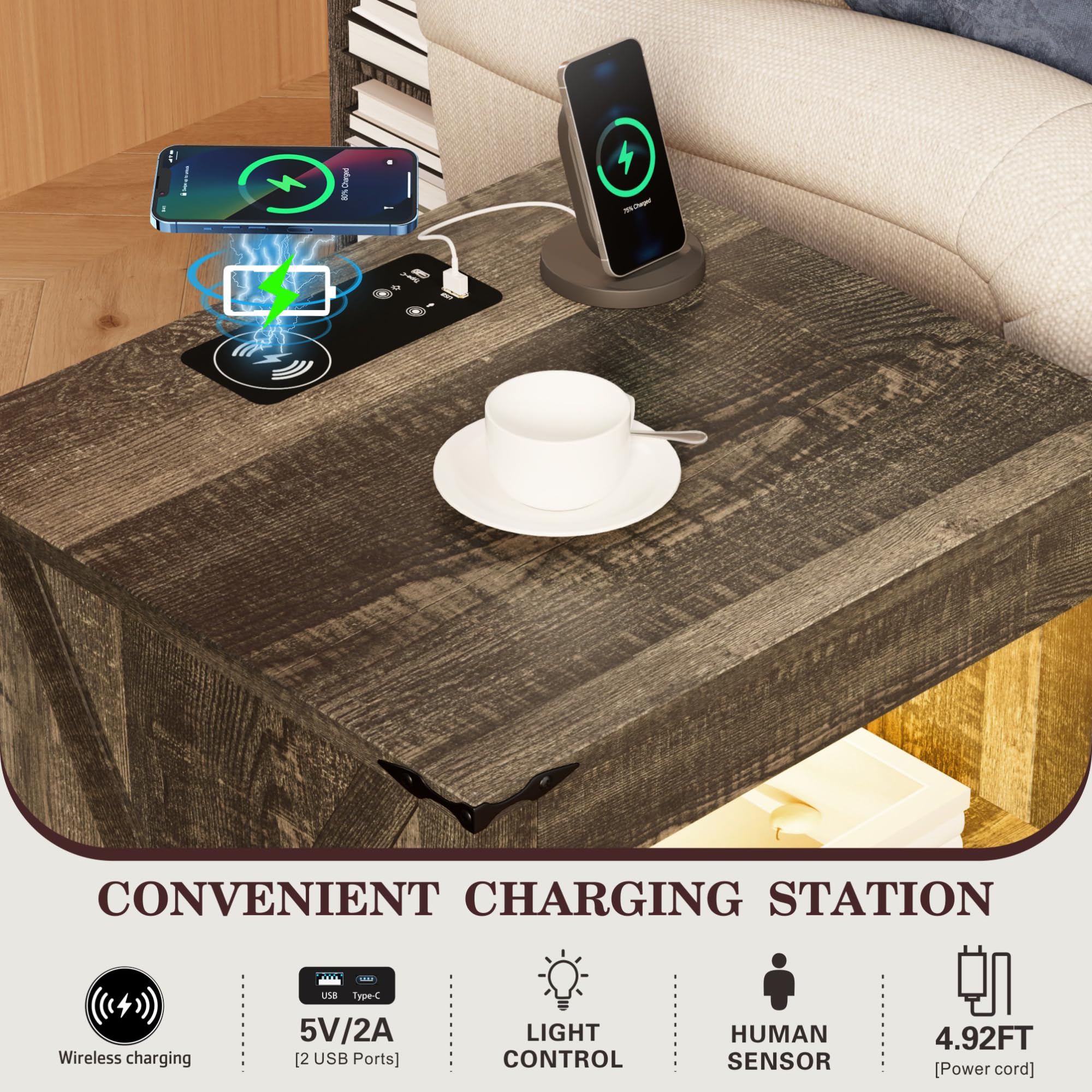 TAGELIER Farmhous Nightstand with Gun Drawer,Bedside Table with Charging Station, Gun Night Stand with LED Light & Human Sensor,Smart End Table for Bedroom, Black