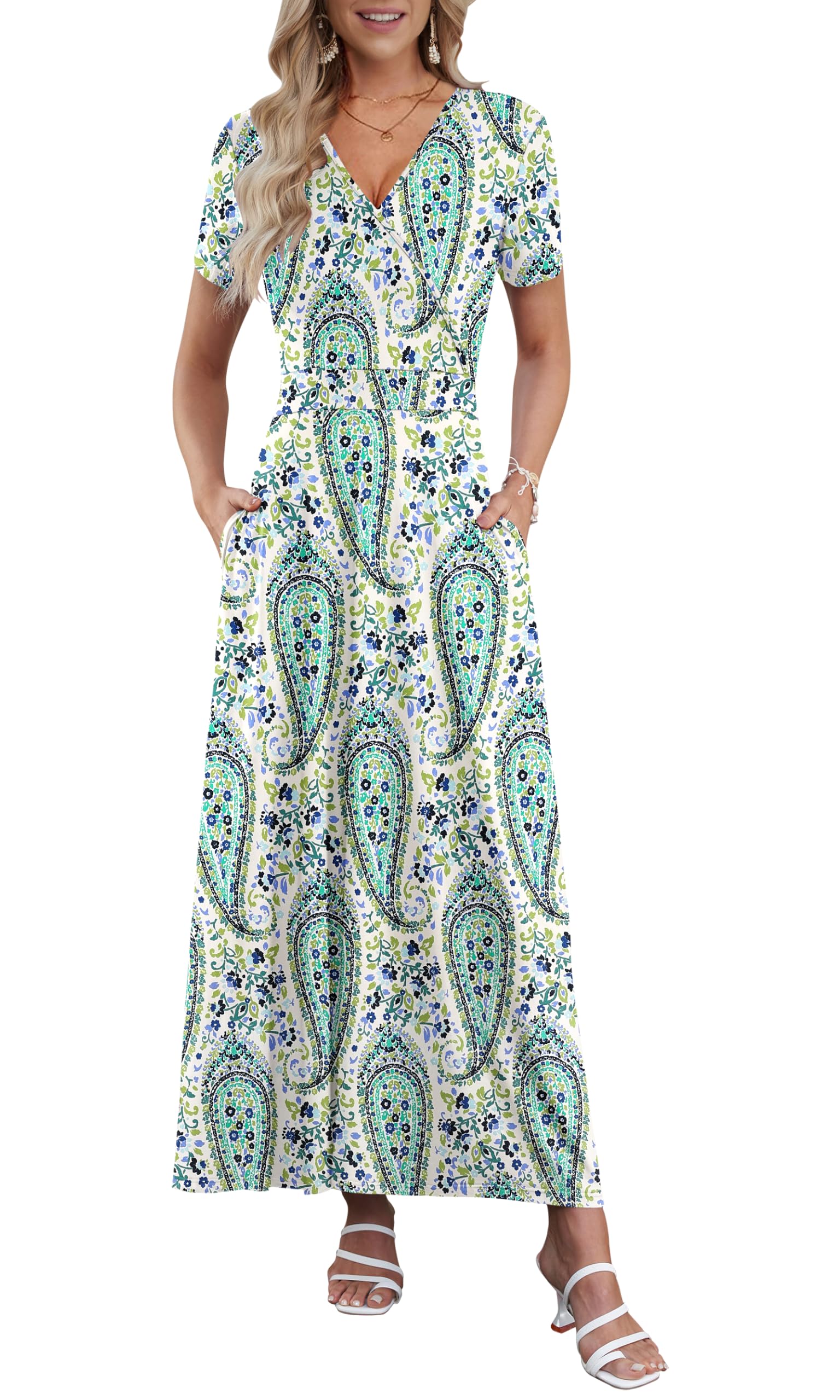 AUSELILY Maxi Dresses for Women Ankle Length Floral Print Beach Long Flowy Dress with Pockets