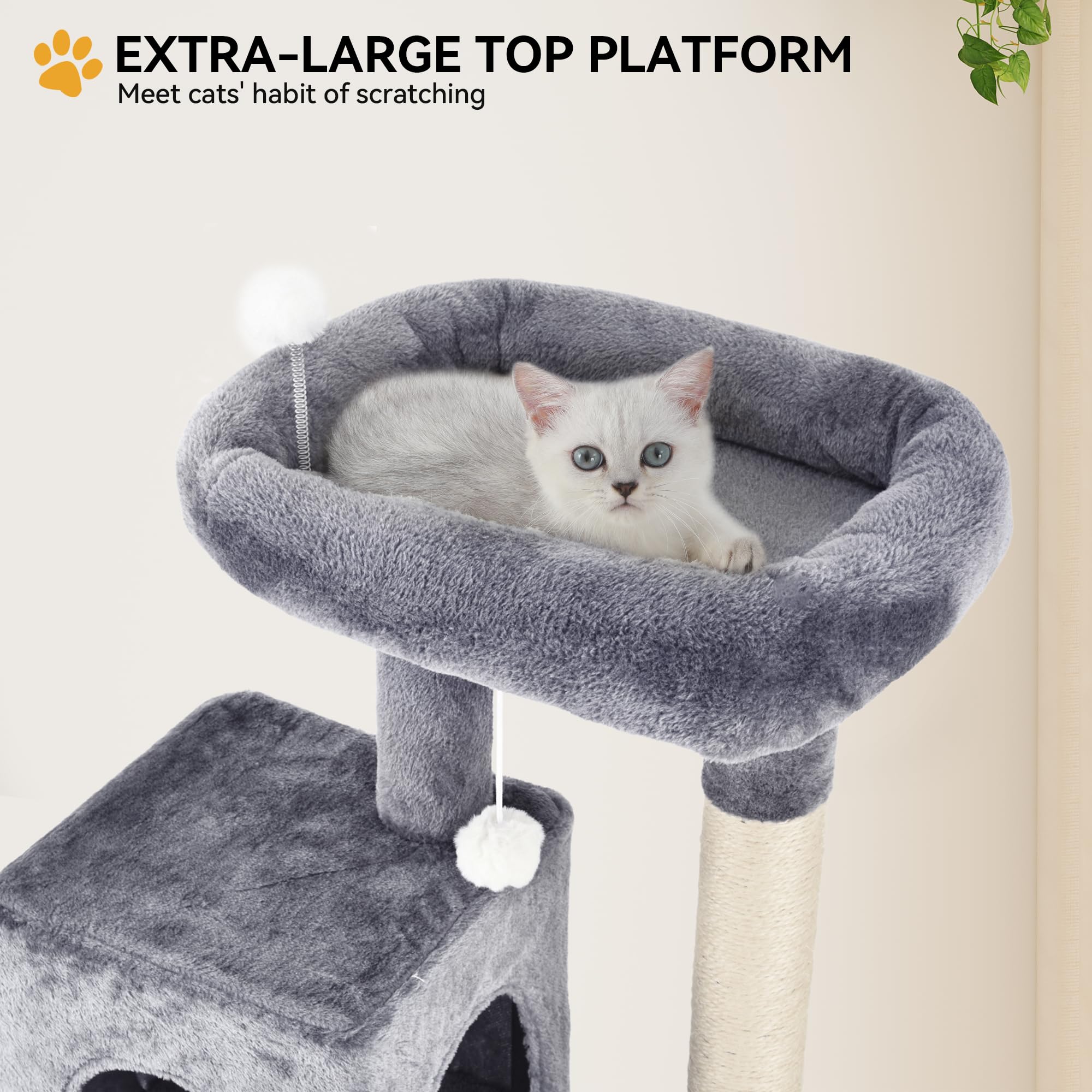 YITAHOME 44in Multi-Level Cat Tree for Indoor Kittens, Cat Furniture with Scratch Posts, Window Padded Plush Perch, Comfortable Hammock, and Interactive Pompoms, Beige