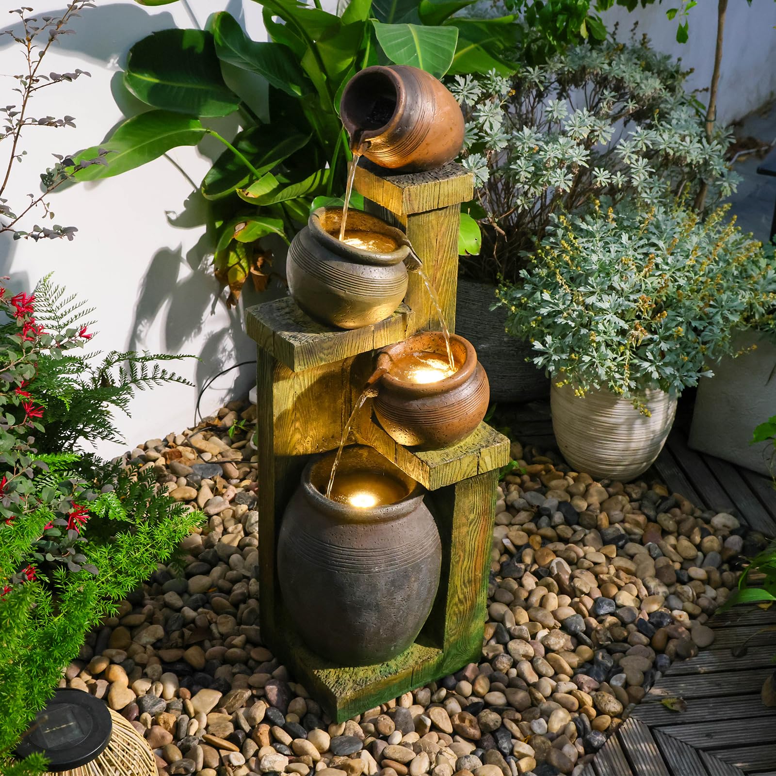 Bumilgar 2-Tier Bowl Water Fountain with LED Lights, 27.95" Tall Freestanding Outdoor & Indoor Garden Waterfall Fountain for Yard, Patio, Backyard, Floor Standing Home Decor
