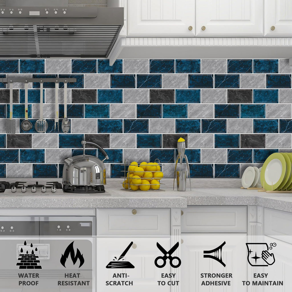 URCOLOR 10-Sheet Back Splashes for Kitchens Peel and Stick,12"x12" Self Adhesive Subway Wall Tiles Stick on backsplash Tiles for Bathroom Black Marble