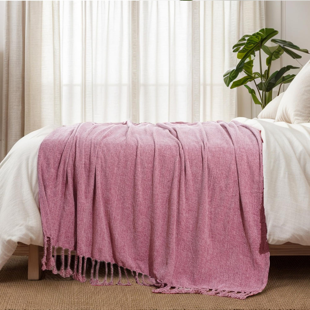BATTILO HOME Beige Chenille Throw Blanket for Couch, Soft Cozy Textured Knit Throw Blanket with Handmade Fringe Tassels, Lightweight Decorative Farmhouse Blanket for Sofa Bed Chair, 50"x60"