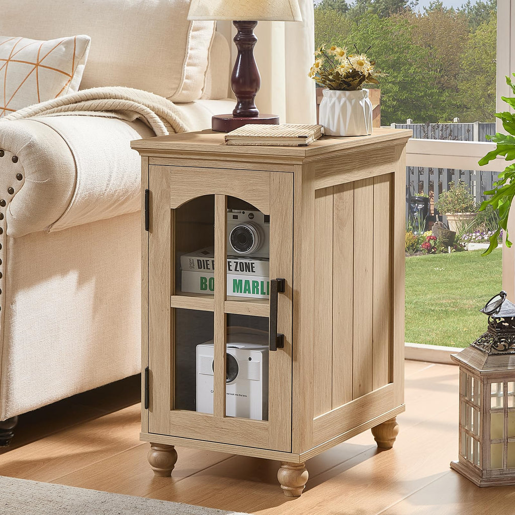 Narrow Side Table,Farmhouse Nightstand with Charging Station,Wood End Table with Glass Barn Door Storage, Cabinet Organizer with Adjustable Shelf, Night Stand for Small Spaces for Living Room Bedroom
