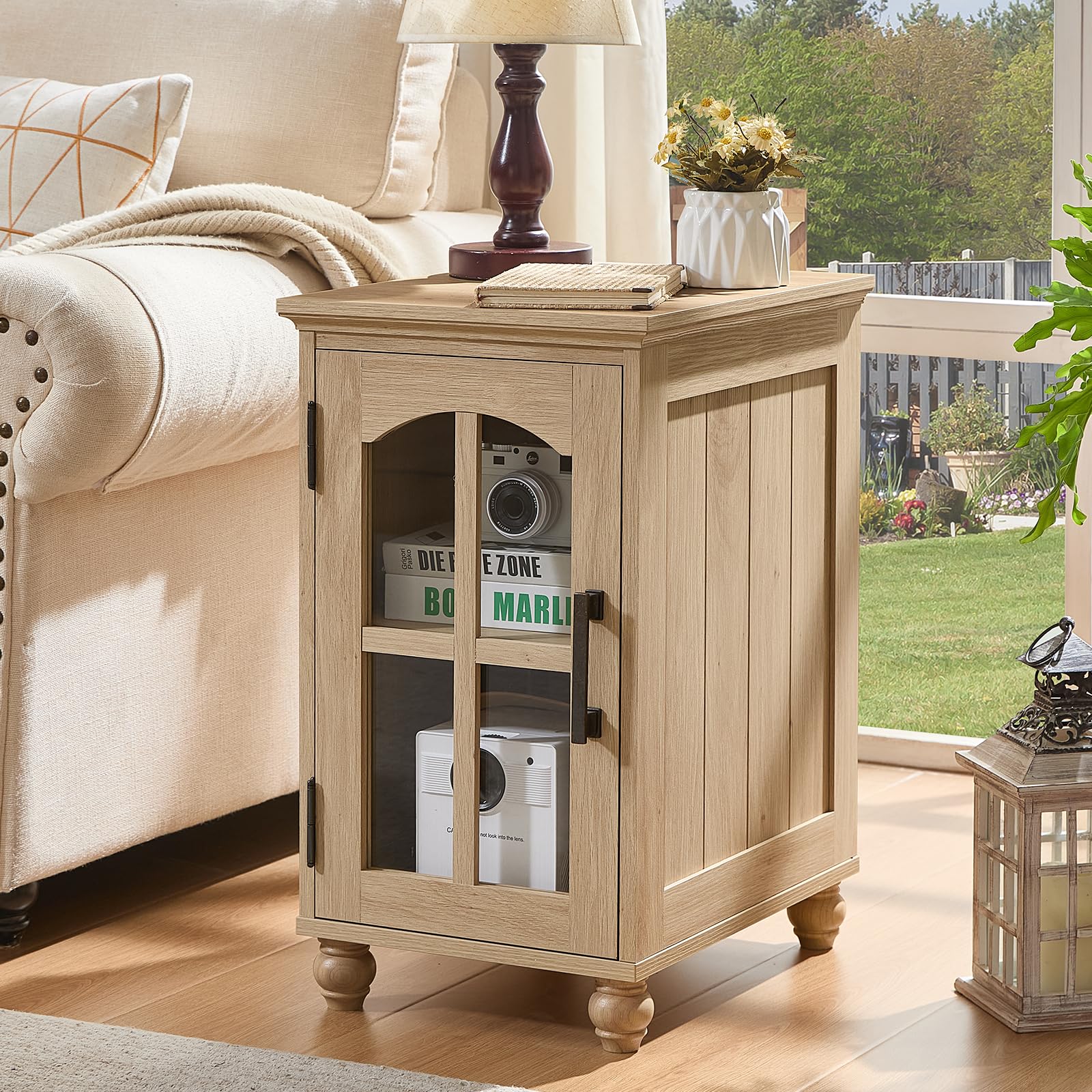Narrow Side Table,Farmhouse Nightstand with Charging Station,Wood End Table with Glass Barn Door Storage, Cabinet Organizer with Adjustable Shelf, Night Stand for Small Spaces for Living Room Bedroom