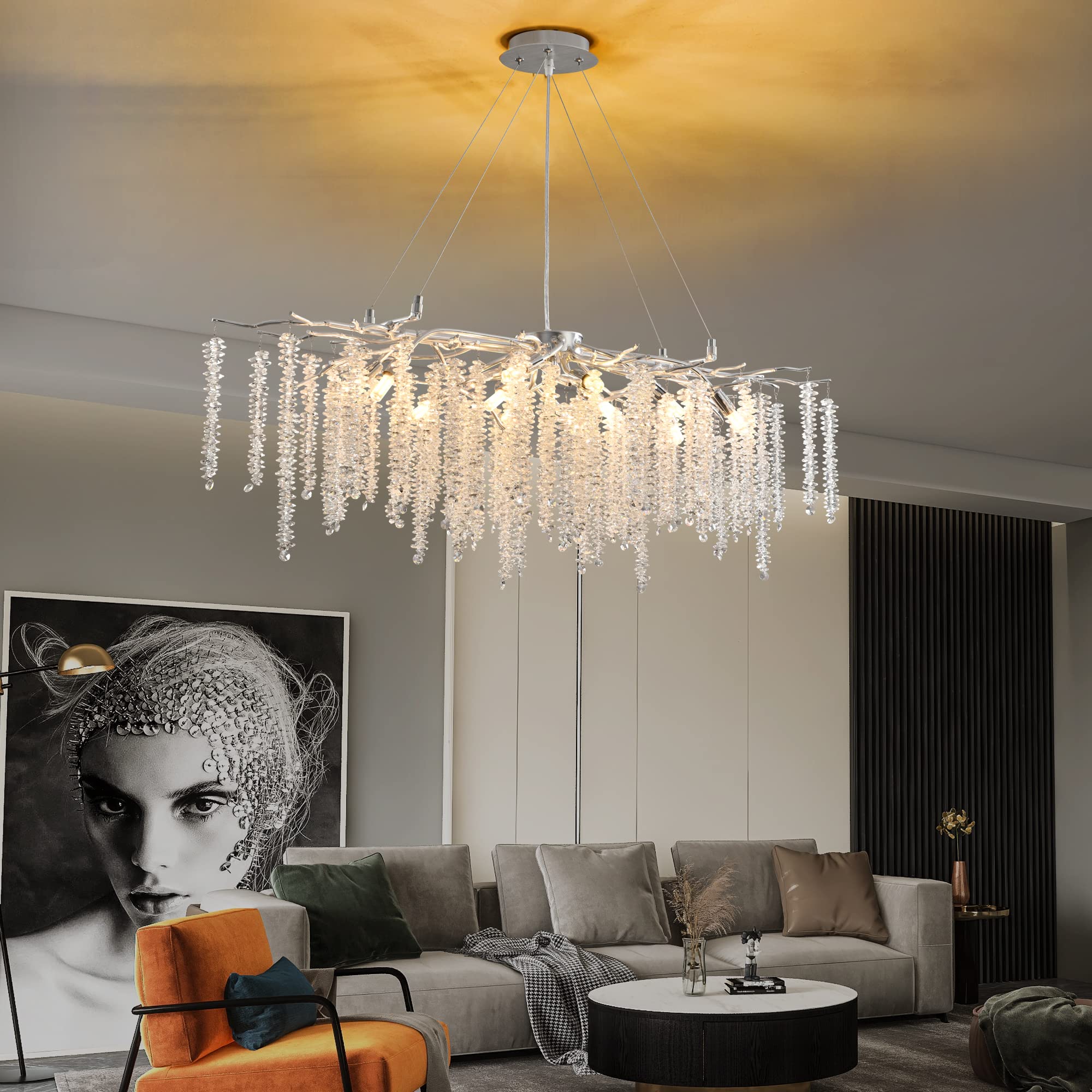Modern Crystal Raindrop Chandelier, L40'' Black Linear Rectangle Art Deco Tree Branch Lighting Fixture for Kitchen Island Living Room Foyer Staircase 10 Lights