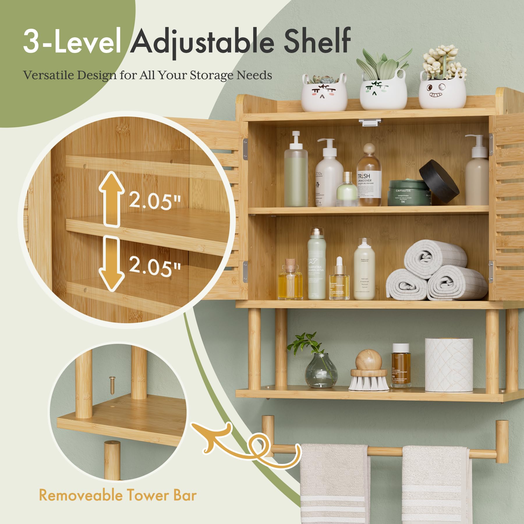 AmazerBath Bathroom Wall Cabinets, Bamboo Medicine Cabinet with Rattan Door, Over The Toilet Storage Cabinet with Towel Bar, Wall Mounted Cabinet with Adjustable Shelves for Small Spaces