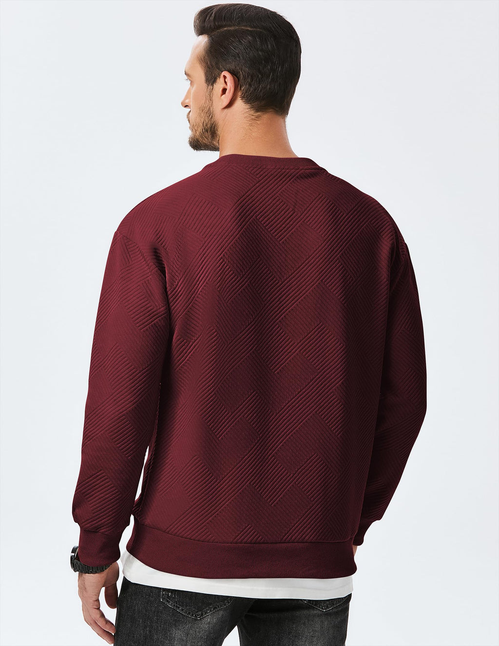 Dokotoo Men Men's Crewneck Sweatshirts Soild Color Geometric Texture Long Sleeve Casual Pullover Shirt