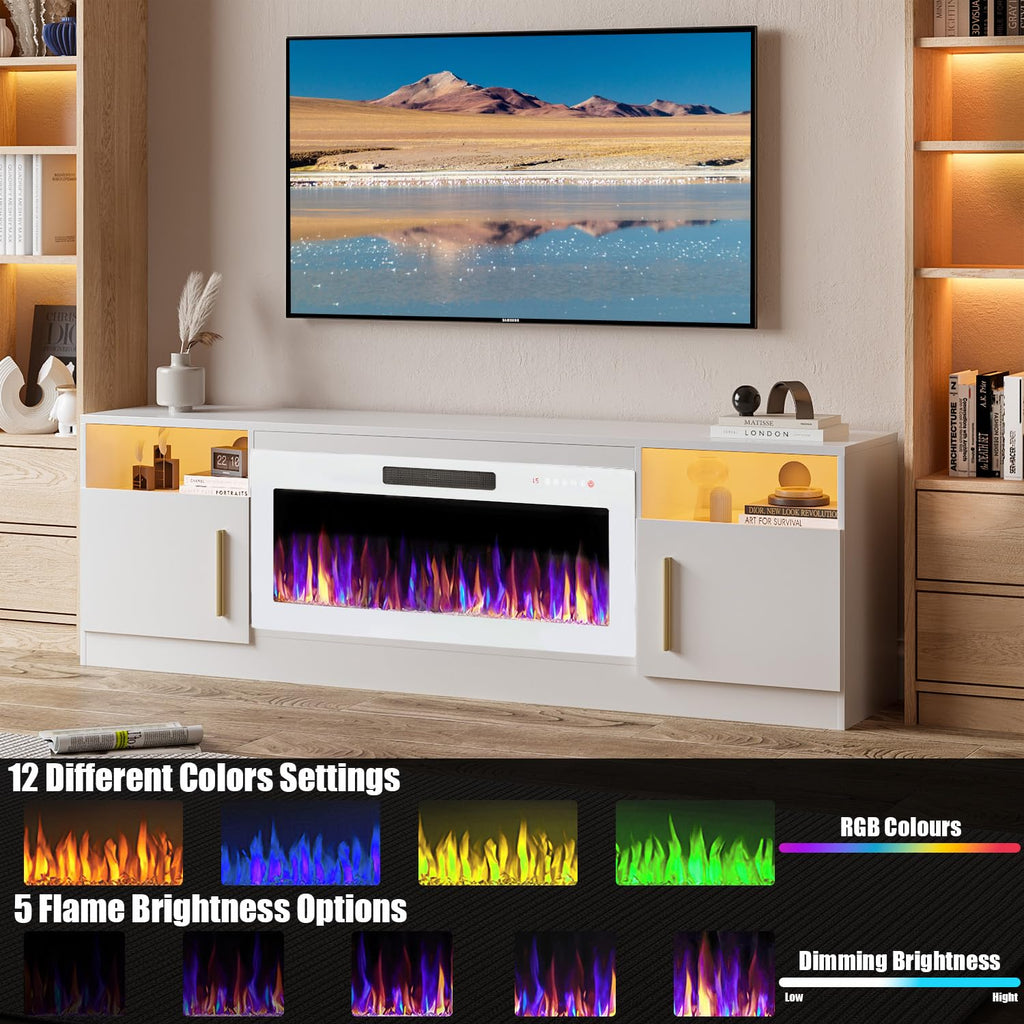 VITESSE 58 Inches Fireplace TV Stand for TVs up to 65 Inches Console with 18'' Electric Fireplace & Remote,Wooden Modern Entertainment Center for Living Room with LED Light Glass Shelves（Bei）