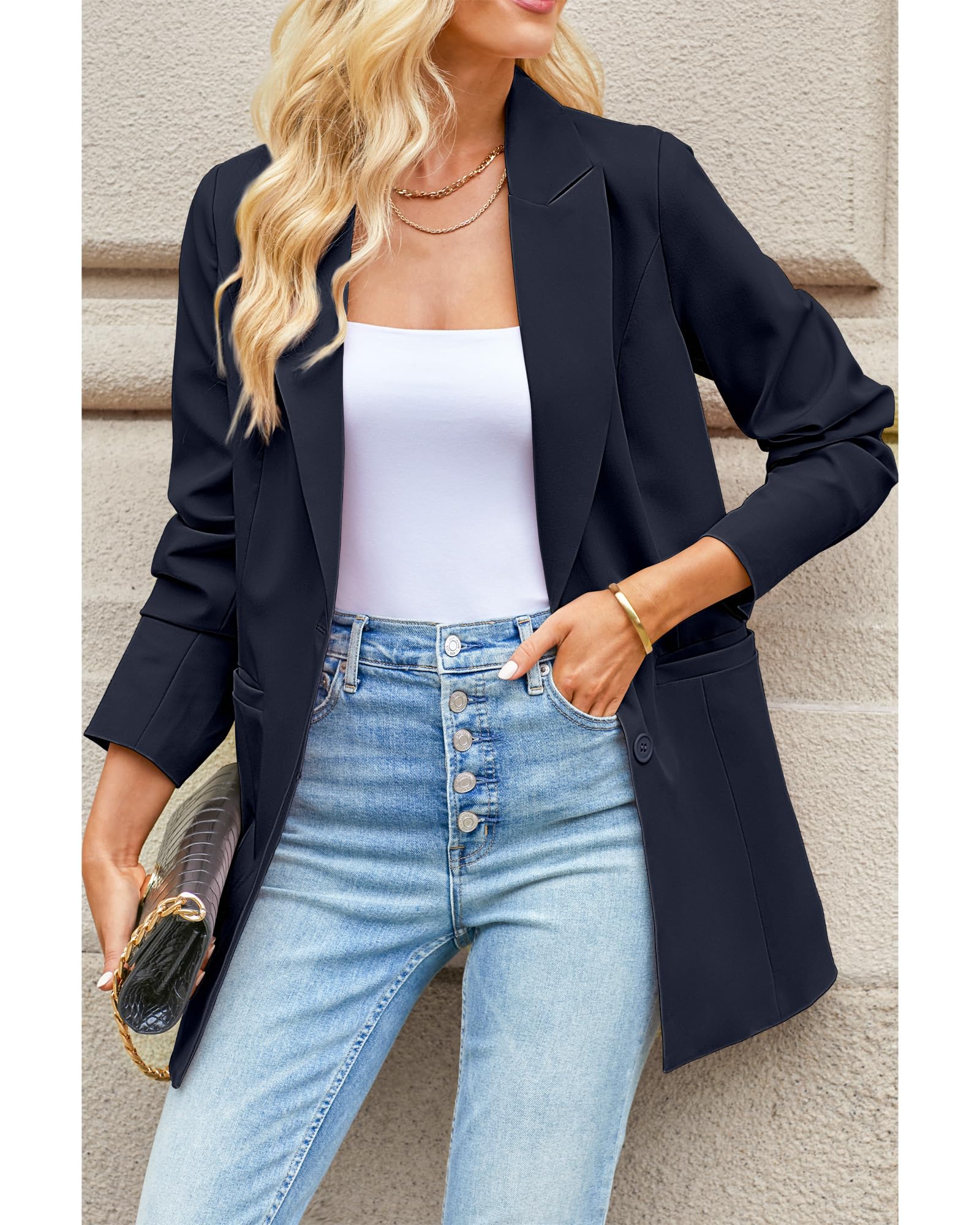 luvamia Blazers for Women Business Casual Long Blazer Jackets Dressy Work Professional Office Outfits Lapel Pockets