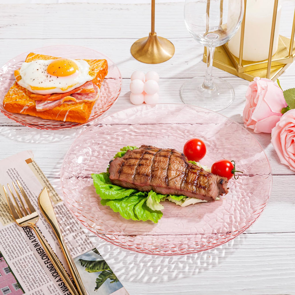 Rubtlamp 100Pcs Amber Gold Plastic Plates, Disposable Plates With Gold Rim, Heavy-duty Party Platos, Hammered Plastic Plates Include 50 Clear Dessert Plates, 50 Dinner Plates for Party